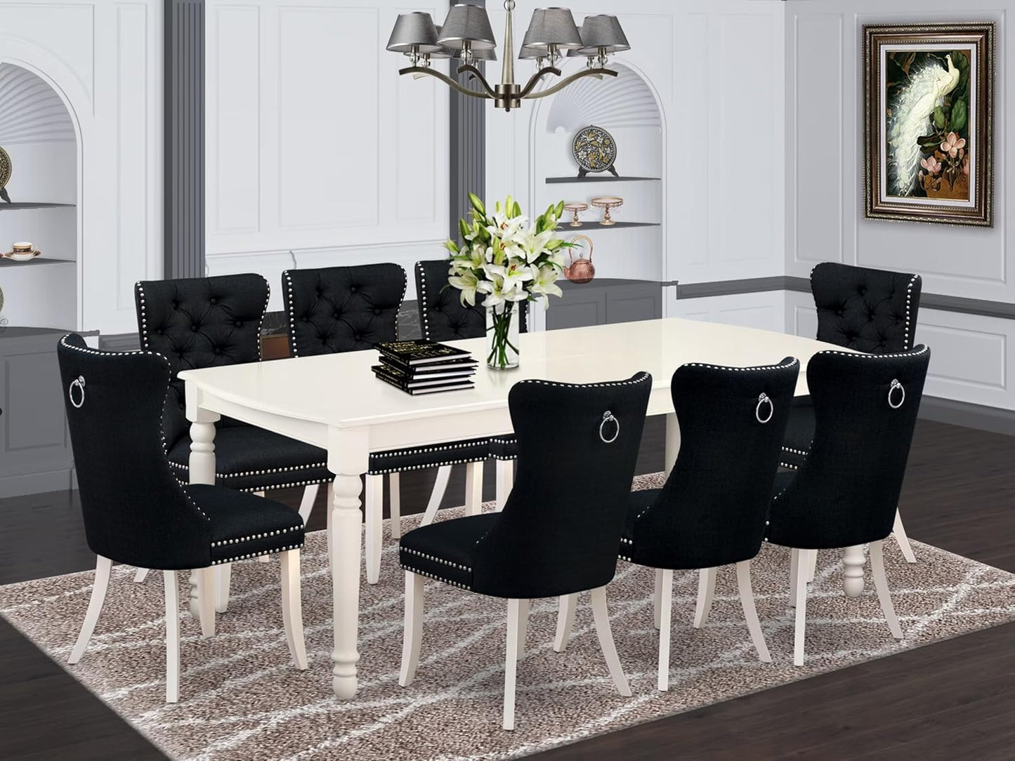 East West Furniture DODA9-LWH-24 9 Piece Kitchen Table Set Includes a Rectangle Dining Table with Butterfly Leaf and 8 Polyester Fabric Padded Chairs, 42x78 Inch, linen white