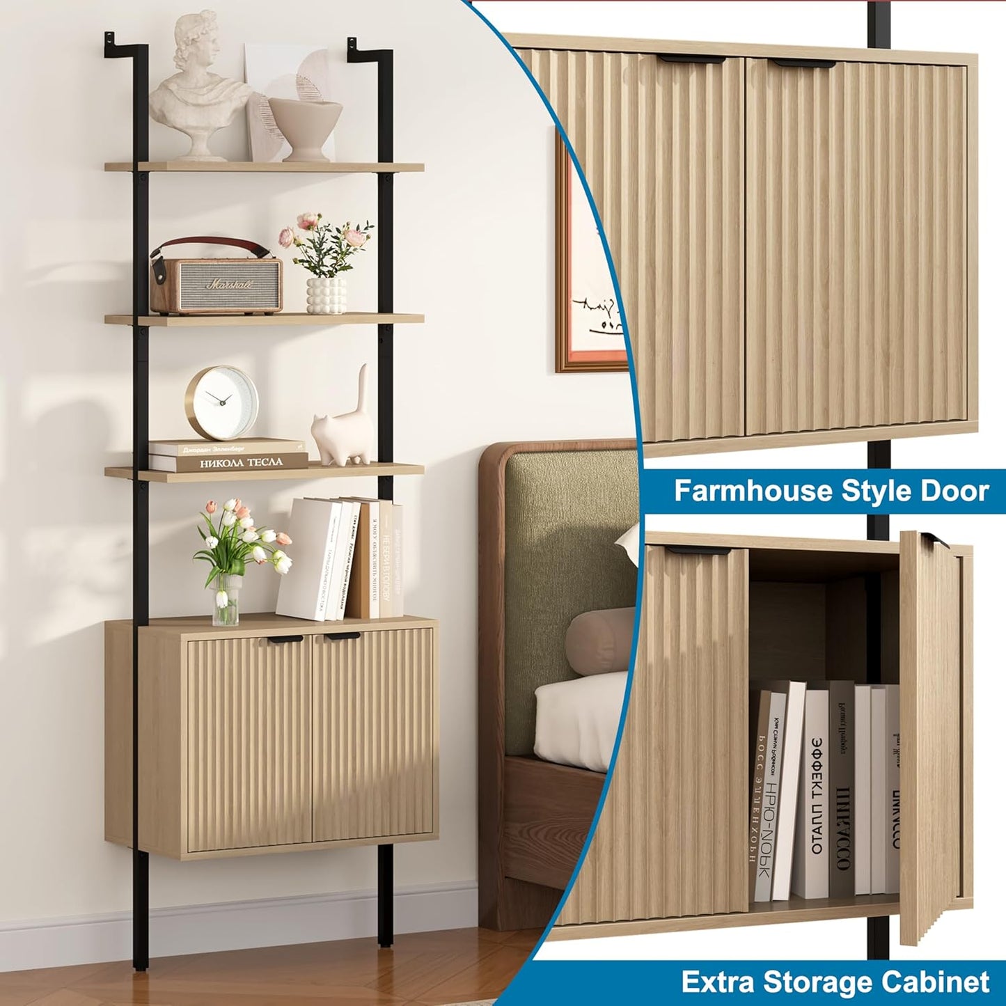 Yusong 73" Tall Bookshelf with Cabinet, Industrial Ladder Wall Mount Shelf Bookcase with Wood and Metal Frame, Plant Shelf Wall Storage Display for Living Room Bedroom, Wavy Light Ivory