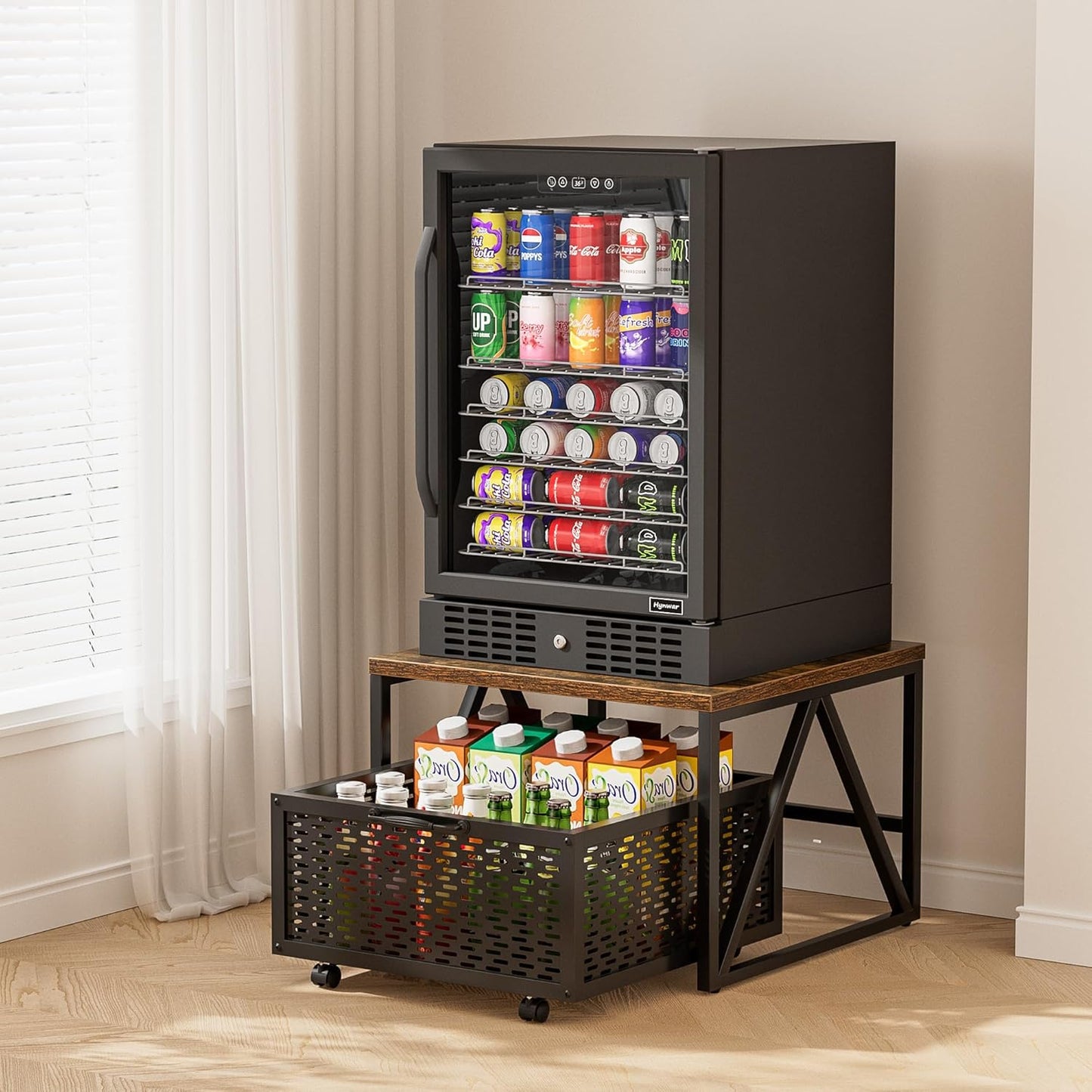 Urban Deco Mini Fridge Stand with Storage, Heavy Duty Fridge Cart with Drawer Basket, Mini Refrigerator Table for 220 LBS, Mobile Fridge Stand with Swivel Wheels for Dorm,Office,Home, Retro Brown