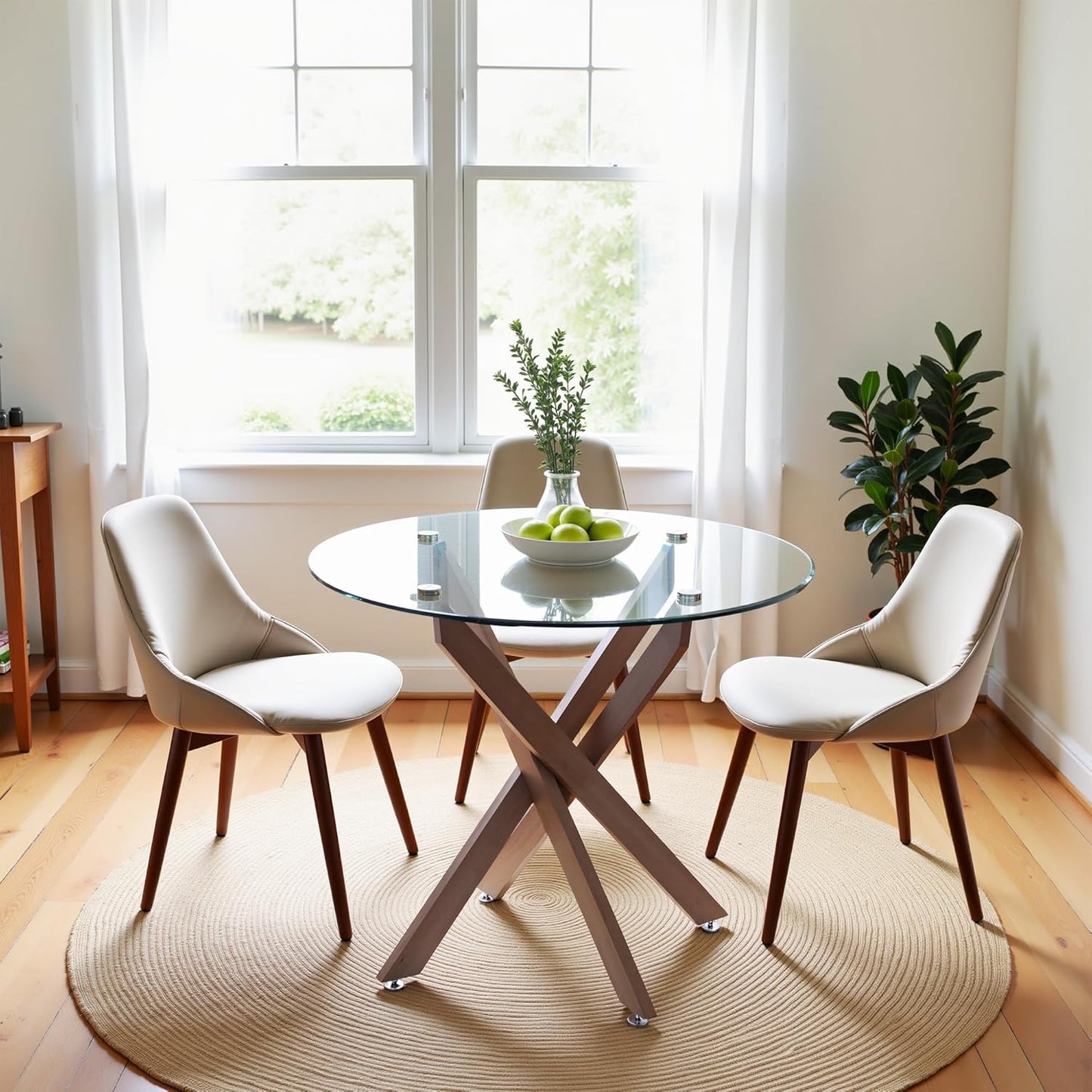 Dining Table for 4 Modern Round Dining Table 35.43" Kitchen & Dining Room Tables with Metal Legs and Glass Tabletop for Dining Room and Apartment, Brown