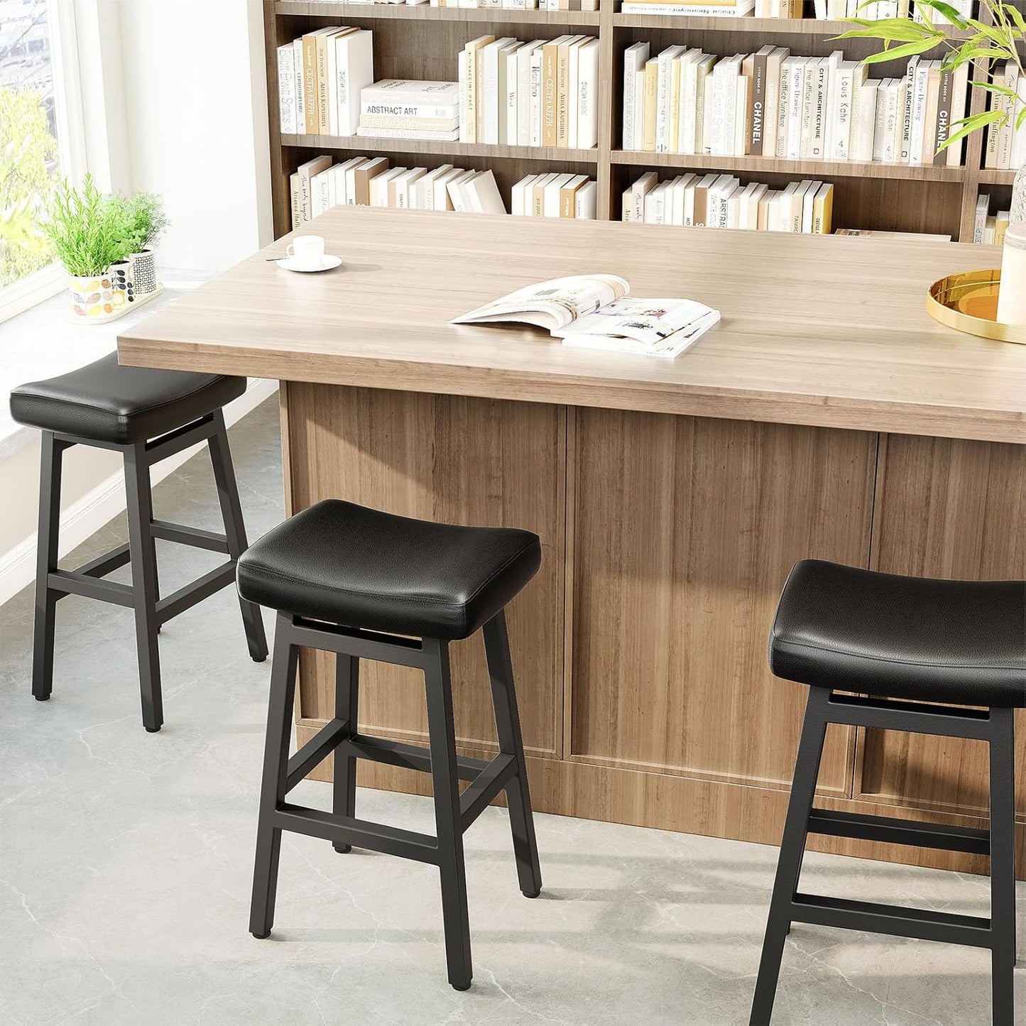 29 Inches Bar Stools Set of 2, Bar Height Barstools for Home Counter, Blackless Barstool with Bonded Leather Saddle Seats & Heavy Duty Metal Legs, Easy Assembly, All Black