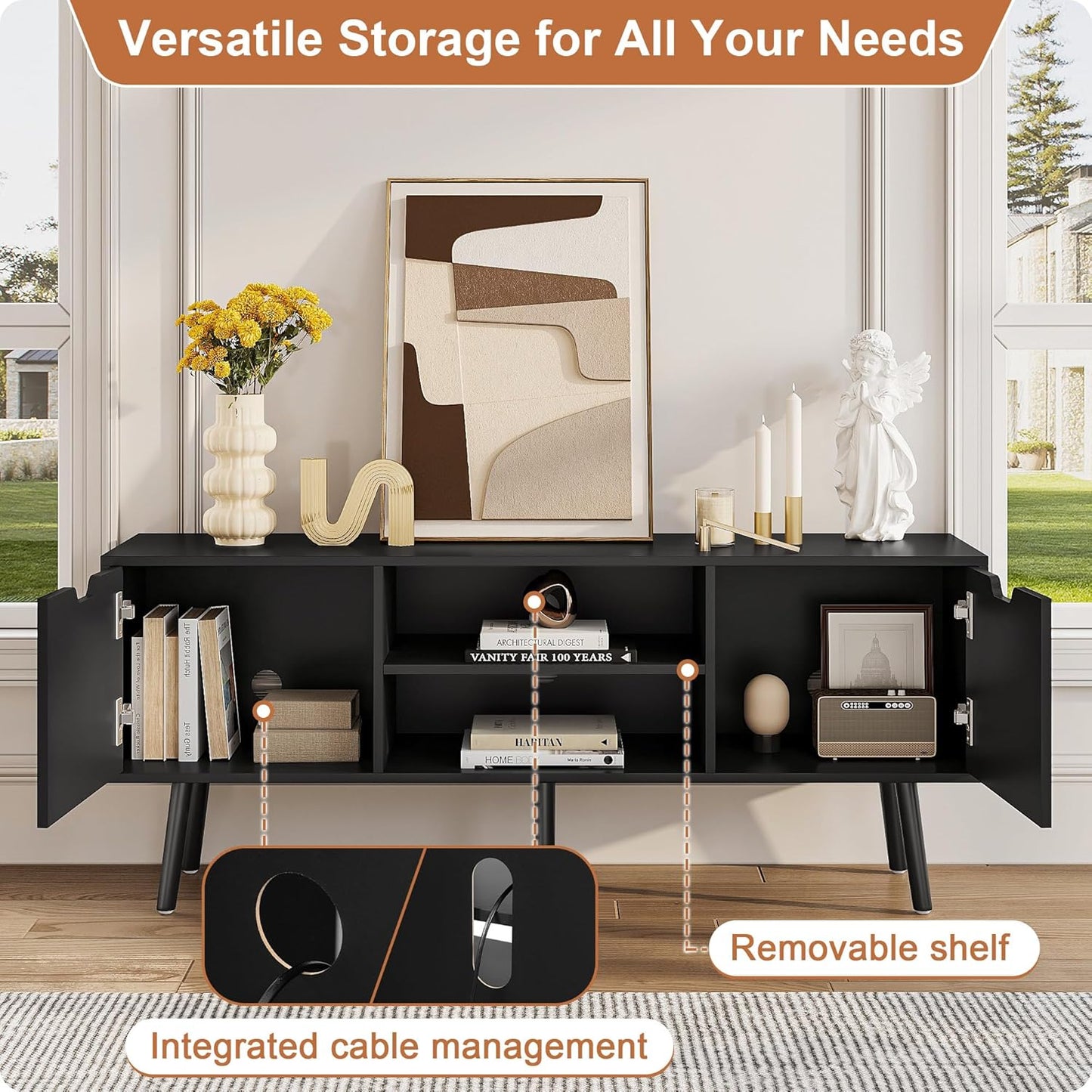 ALINE FURNITURE Black TV Stand with Storage - Media Console Cabinet for 50 55 60 Inch TVs - Entertainment Center - Wood TV Stands for Living Room