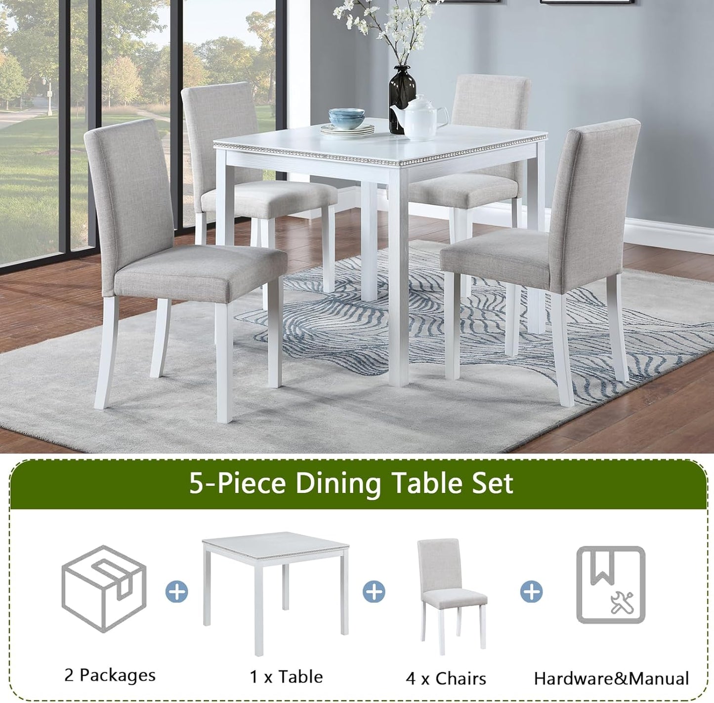 Ball & Cast 5 Piece Dining Table Set,Kitchen Table Set for 4 W/ 34.5" Square Wooden Dining Table,Living Room Furniture W/ 4 Upholstered Chairs,for Dining Room,Kitchen,Restaurant,White