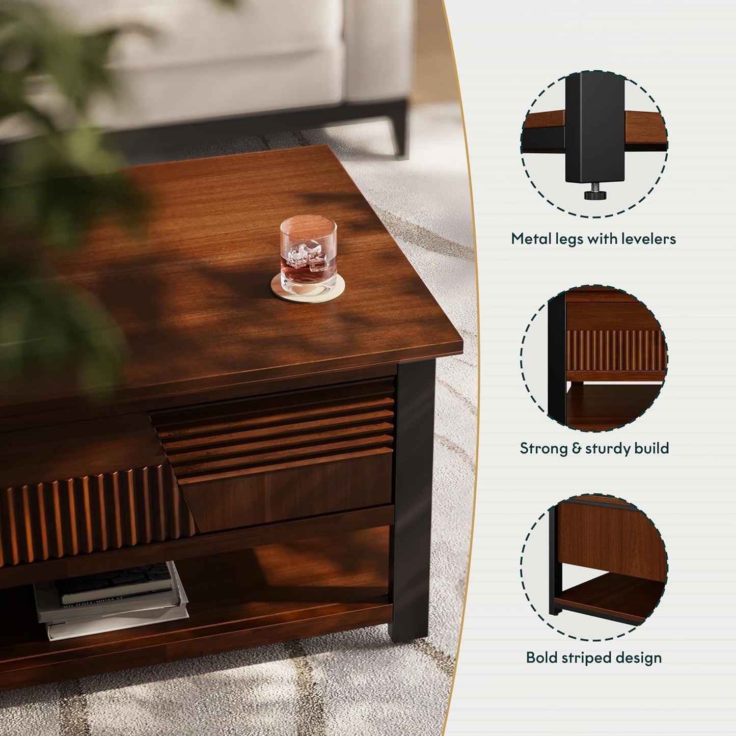 Bme Trapeze Coffee Table for Living Room – Modern Wooden Center Table with Storage, Metal Legs, Large Walnut Coffee Table for Stylish Living Room Furniture Setup