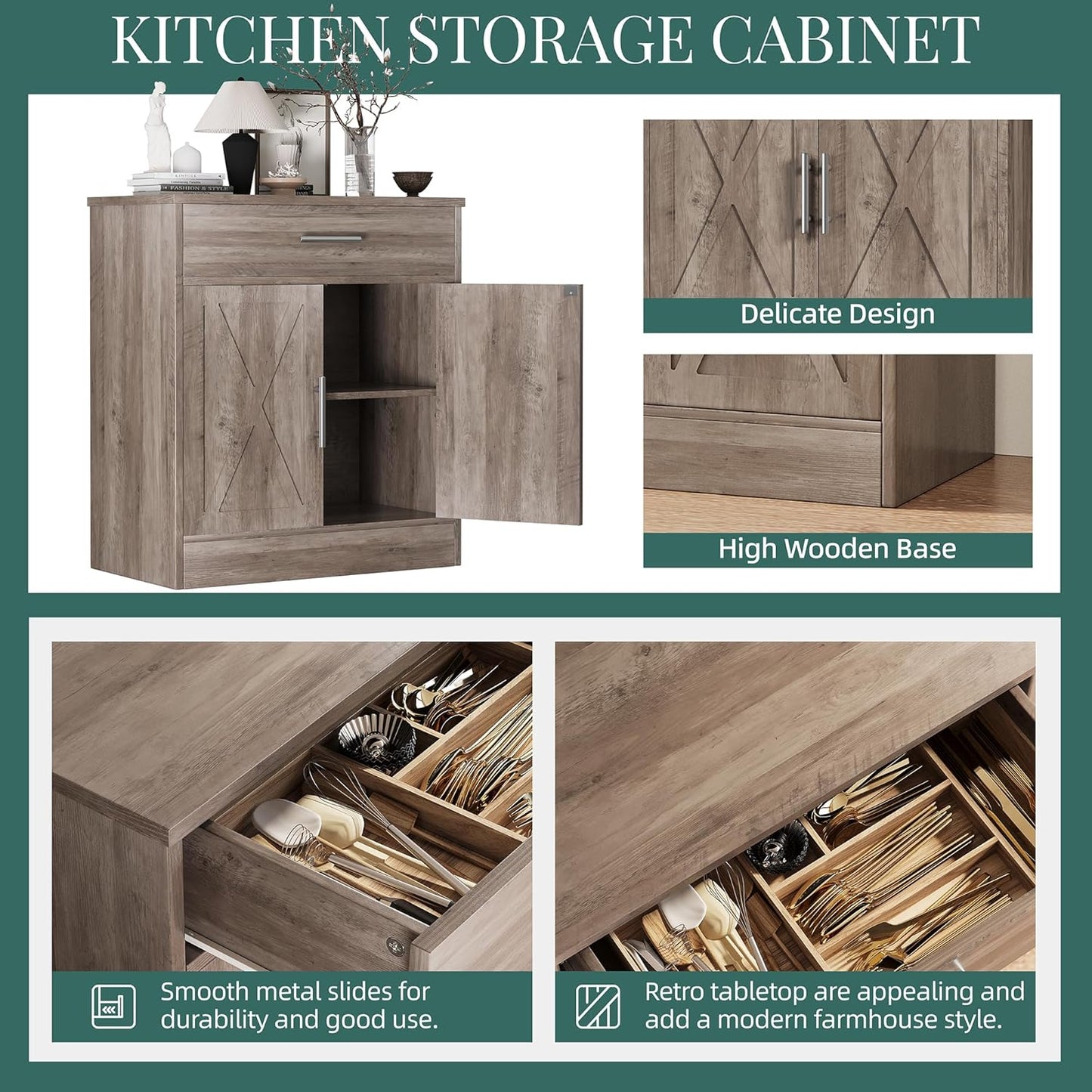 Shintenchi Farmhouse Storage Cabinets with Doors and Shelves,Kitchen Barn Door Storage Cabinet with Drawers,Coffee Bar Cabinet Buffest Sideboard for Dining Room,Living Room,Bathroom,Entryway,Ash Grey