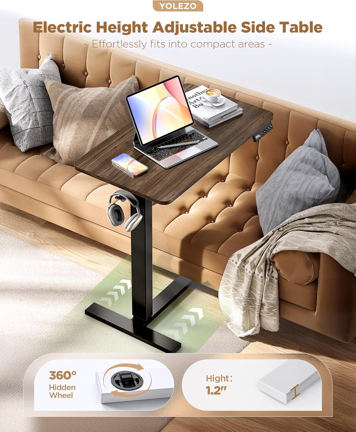 Electric Adjustable Height Standing Desk - Small Sit Stand Portable Rolling Laptop Table with Hidden Wheels, Small Computer Workstation for Bedside & Home Office Use (28"x16",Dark Walnut)