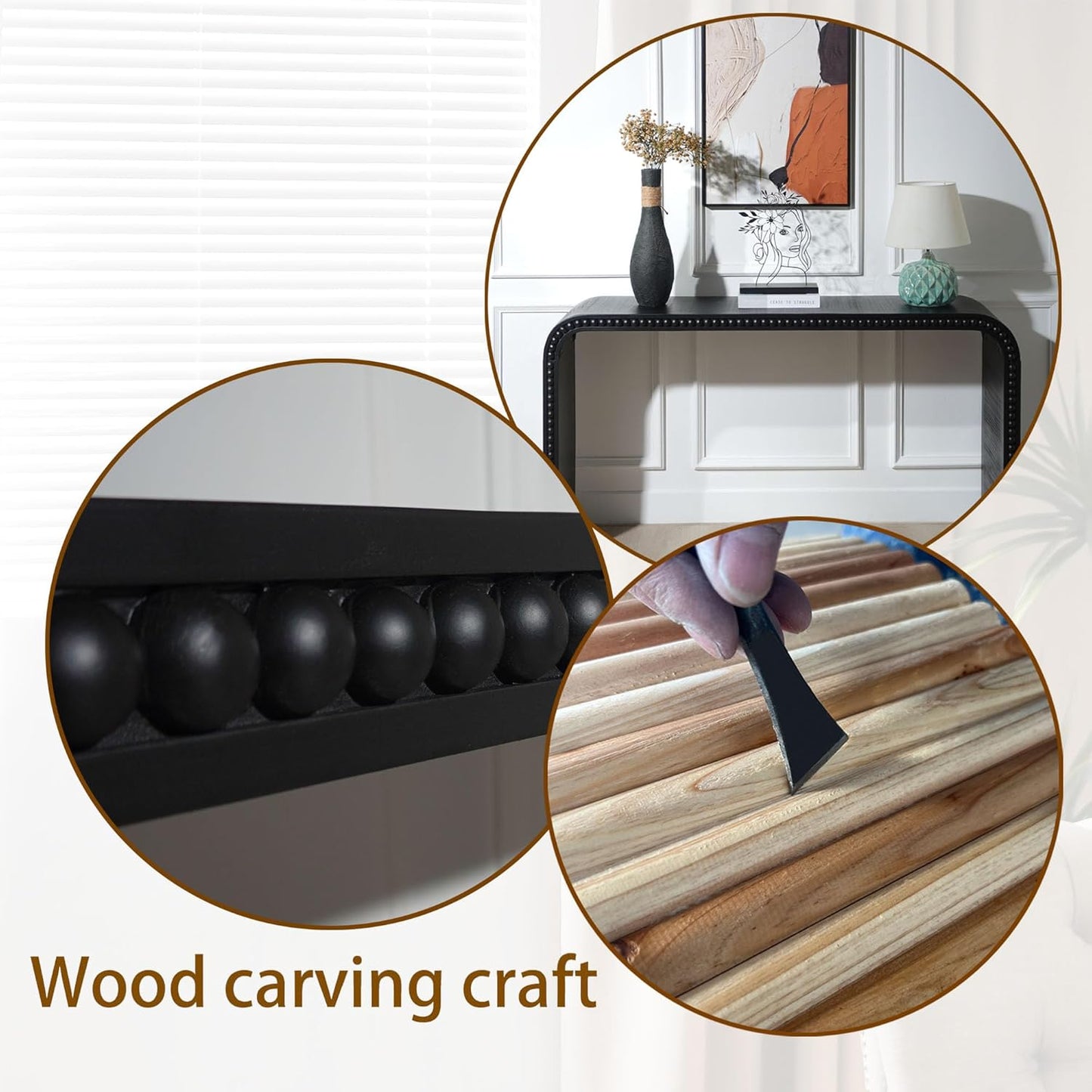 KEIKI Wood Console Table Behind Couch & Sofa, Retro Style with Curved Waterfall & Wood Beads Design, for Entryway, Living Room, Black