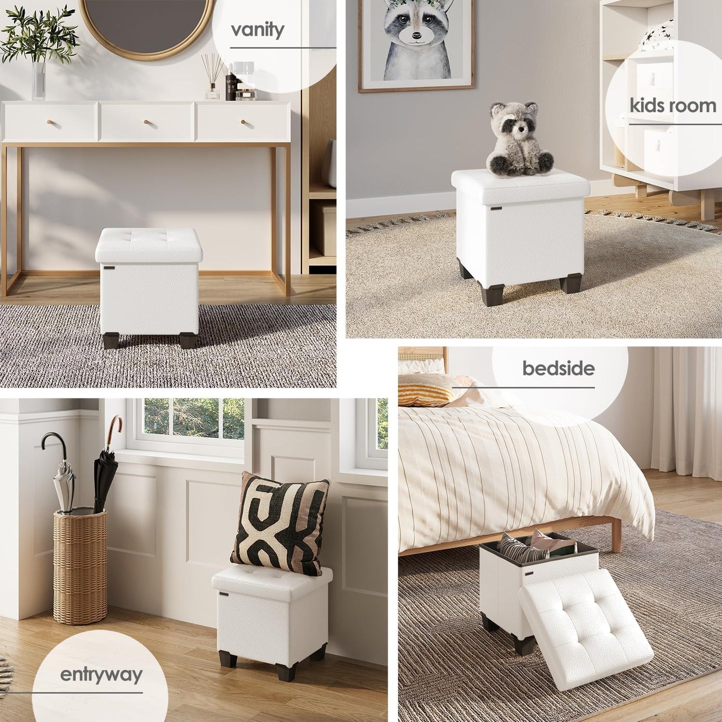 STORAGEBUD Storage Ottoman Cube with Small Bin, 16-in Square Ottoman with Storage for Living Room and Bedroom, Small Ottomans Foot Rest, Faux Leather Foot Stools Ottomans Max 330lbs, Cream