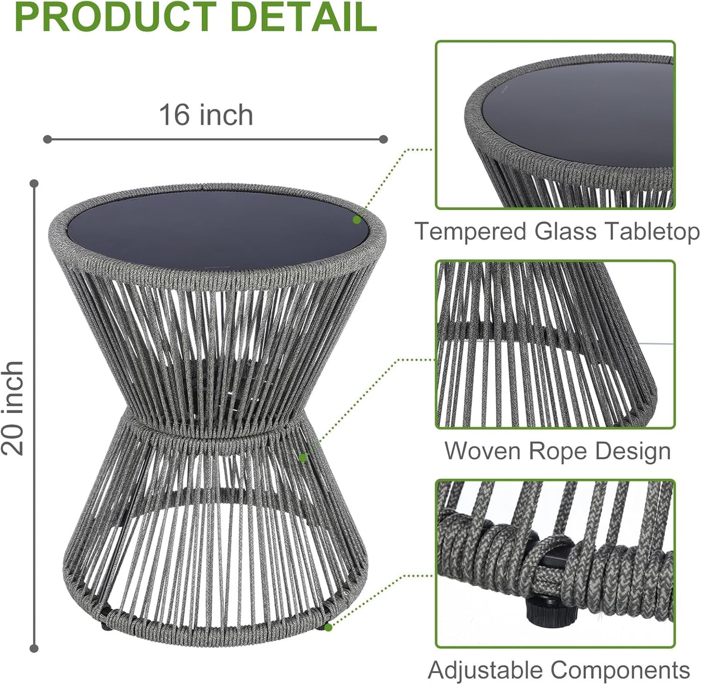 LEWIS&WAYNE Small Outdoor Side Table Patio 20’’ H Woven Rope Hourglass End Table with Glass Top Round Coffee Table for Living Room Outdoor Patio Backyard Poolside (Gray)