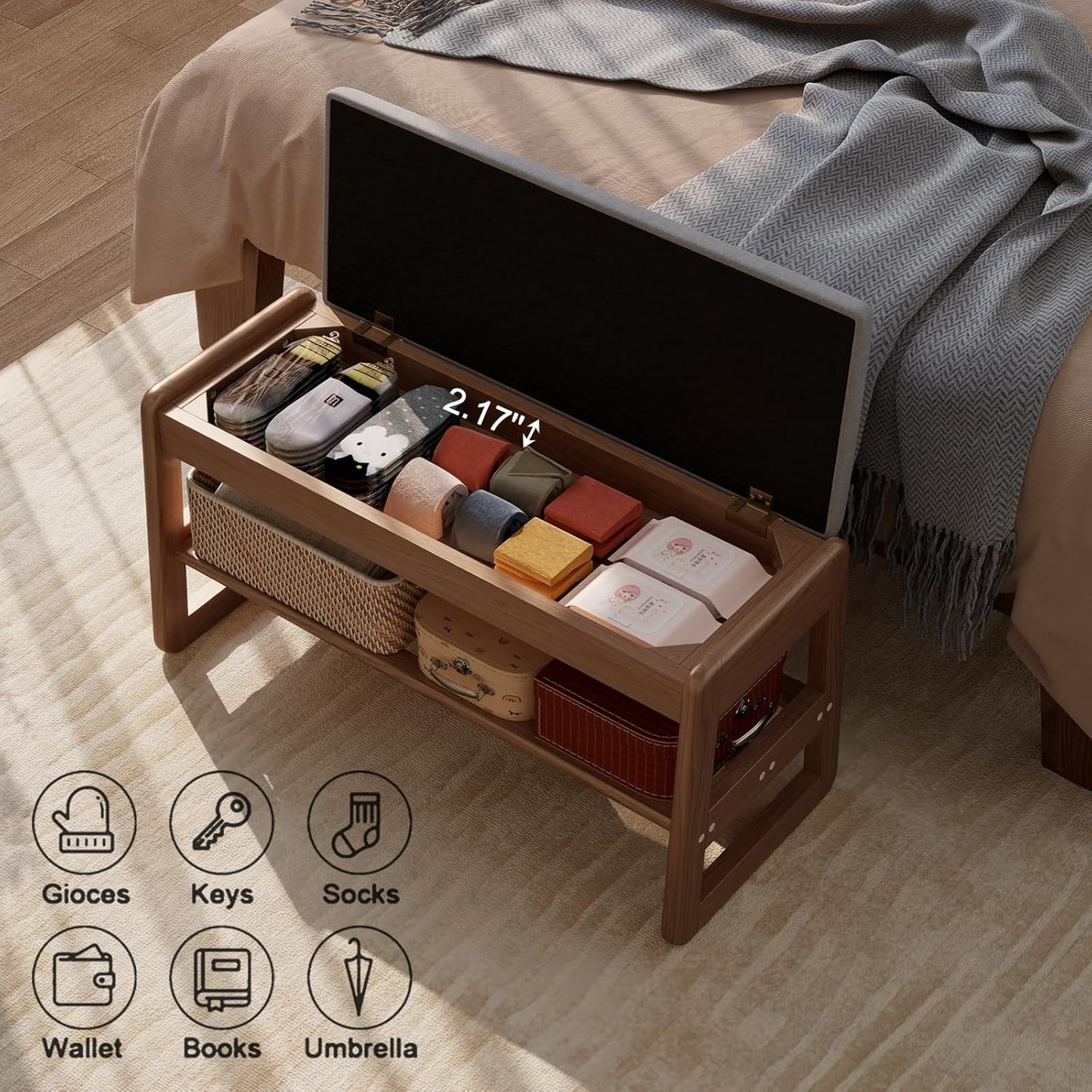 Shoe Rack Bench with Cushion,2 Tiers Shoe Bench with Flip-Top Storage,Wood Shoe Rack for Entryway,Hallway（Walnut,31.5"）