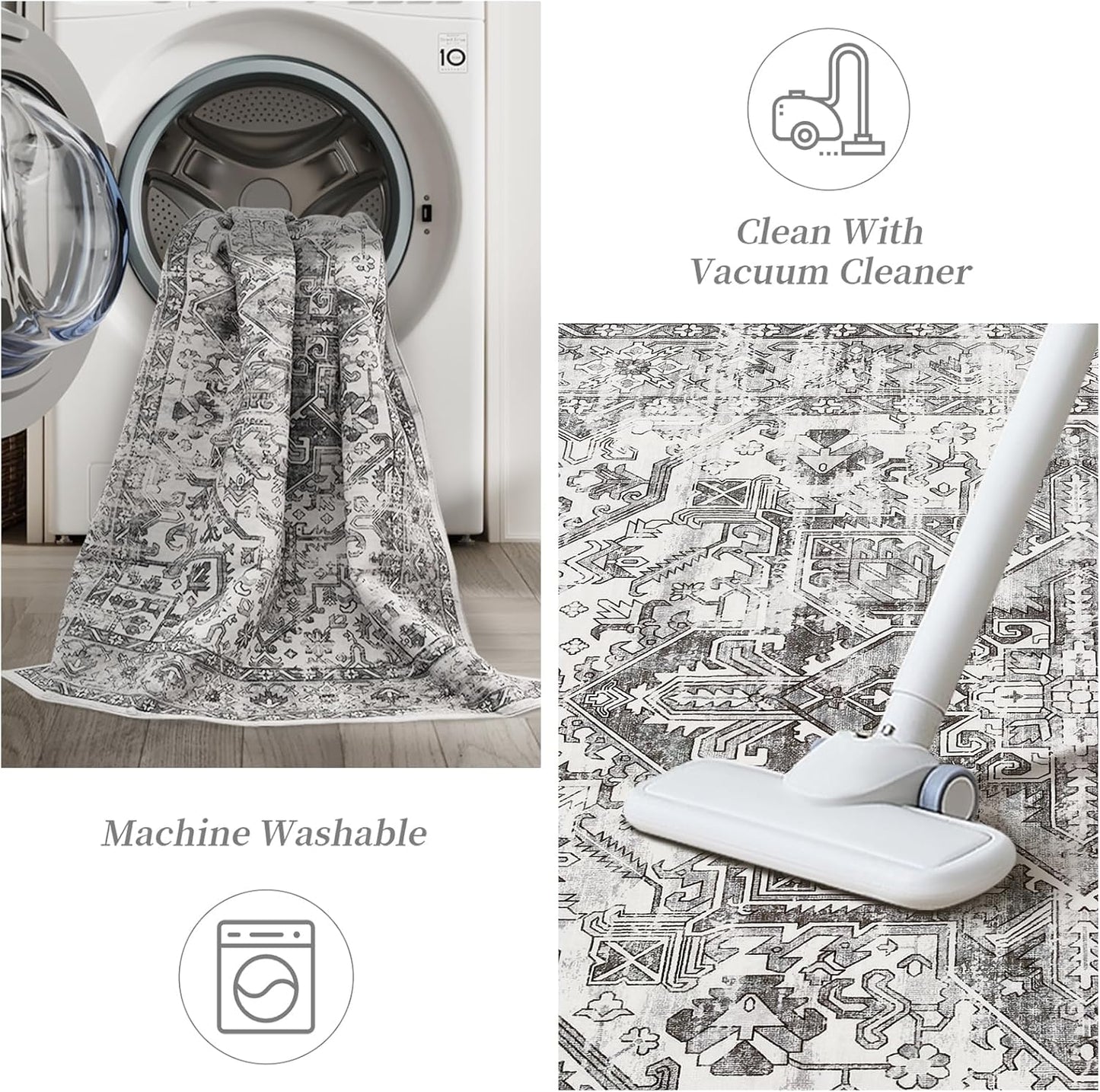 zesthome 9x12 Area Rugs,Stain Resistant Washable Rug,Ultra-Thin Rugs for Living Room,Bedroom,Non-Slip Backing Home Decor Large Area Rug (Grey/White,9'x12')