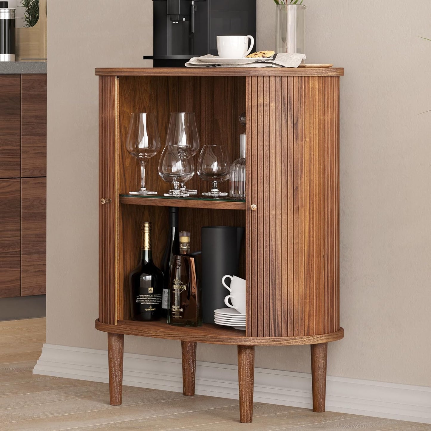 WERMO 28'' Bar Cabinet with Storage - Coffee and Wine Bar Buffet Cabinet with Sliding Doors and Adjustable Shelves. Sideboard Storage Cabinet, Dining Room Cabinet for Kitchen and Living Room (Walnut)