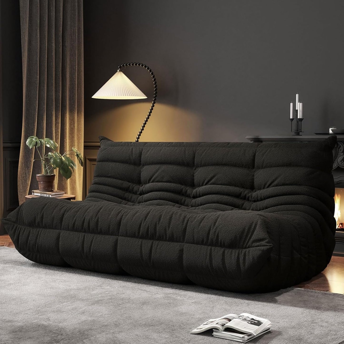 Bean Bag Chairs for Adults, BeanBag Reading Chair Memory Foam Couch 3-Seater, Floor Chair Soft Teddy Material, Comfy Reading Nook Chairs for Bedroom Living Room Office (Black)