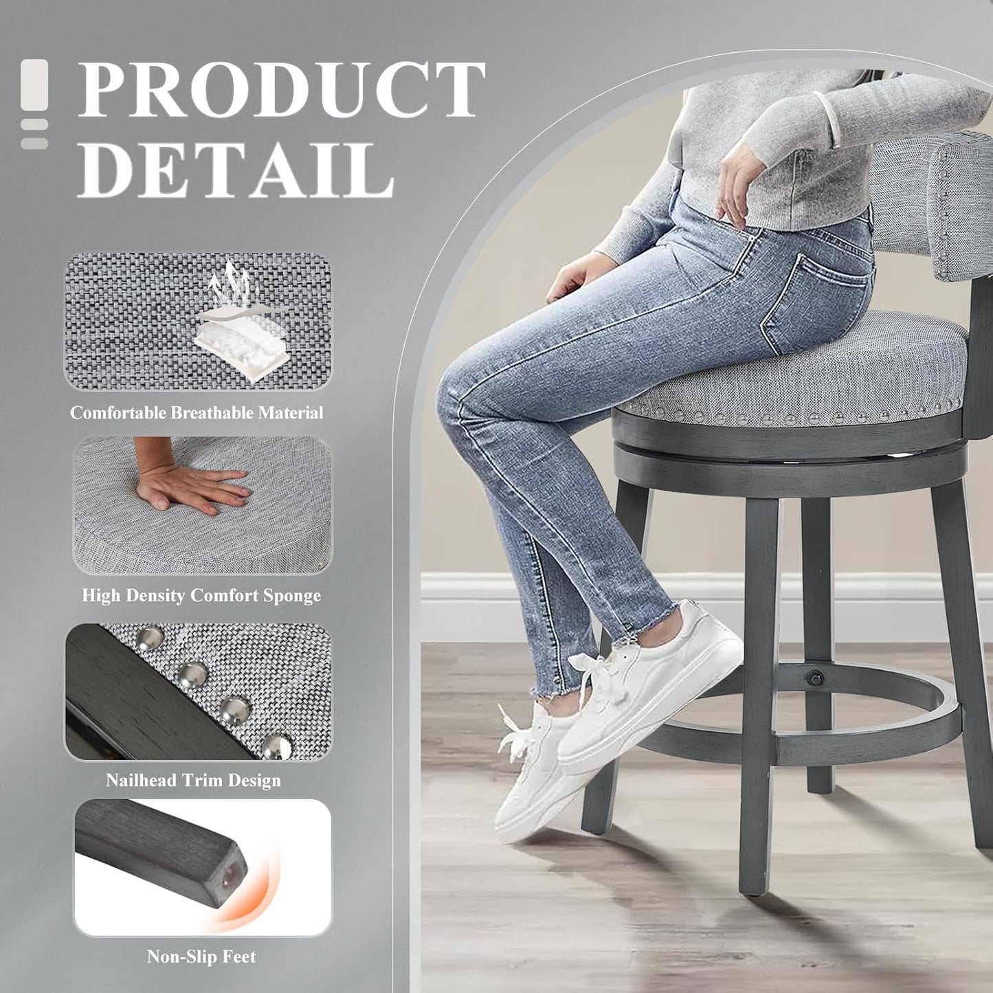 COLAMY Swivel Counter Height Bar Stools Set of 3, 25 Inch Modern Upholstered Kitchen Island Barstools with Back, Wood Swivel Bar Chairs for Counter Bar Dining Room, Grey