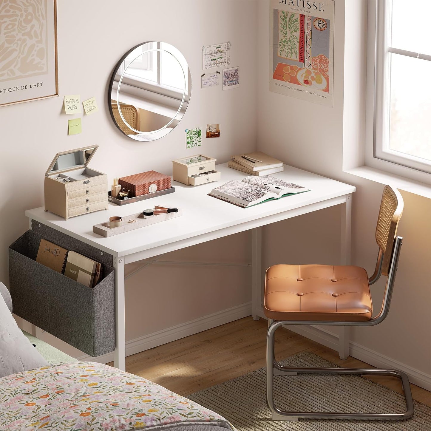 Cubiker Computer Desk 63 inch Home Office Writing Study Desk, Modern Simple Style Laptop Table with Storage Bag, White Metal Frame, White