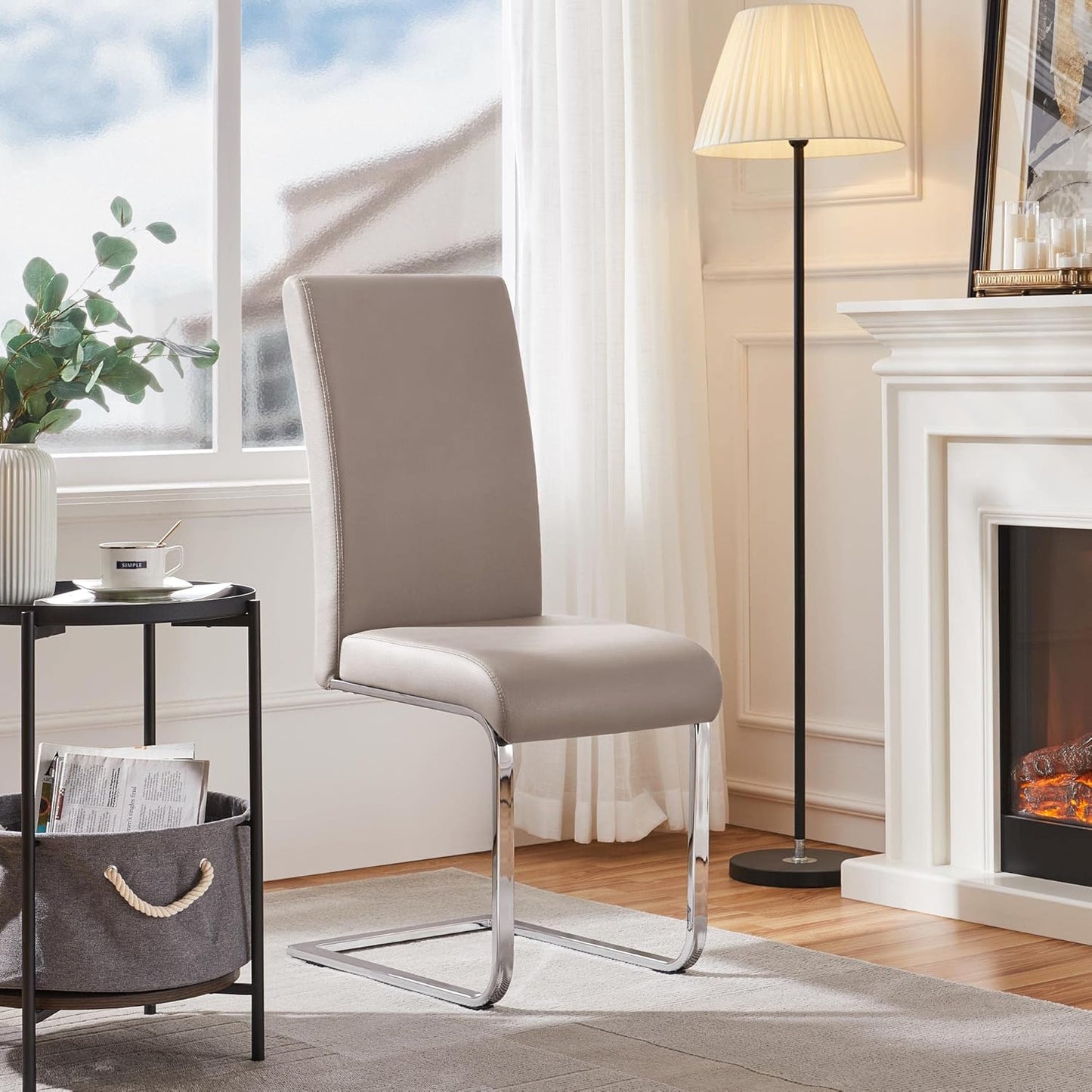 Yaheetech Dining Chairs Set of 6 Modern Faux Leather Upholstered Dining Room Chairs with High Back and Metal Chrome Legs for Kitchen/Living Room/Restaurant, Light Brown