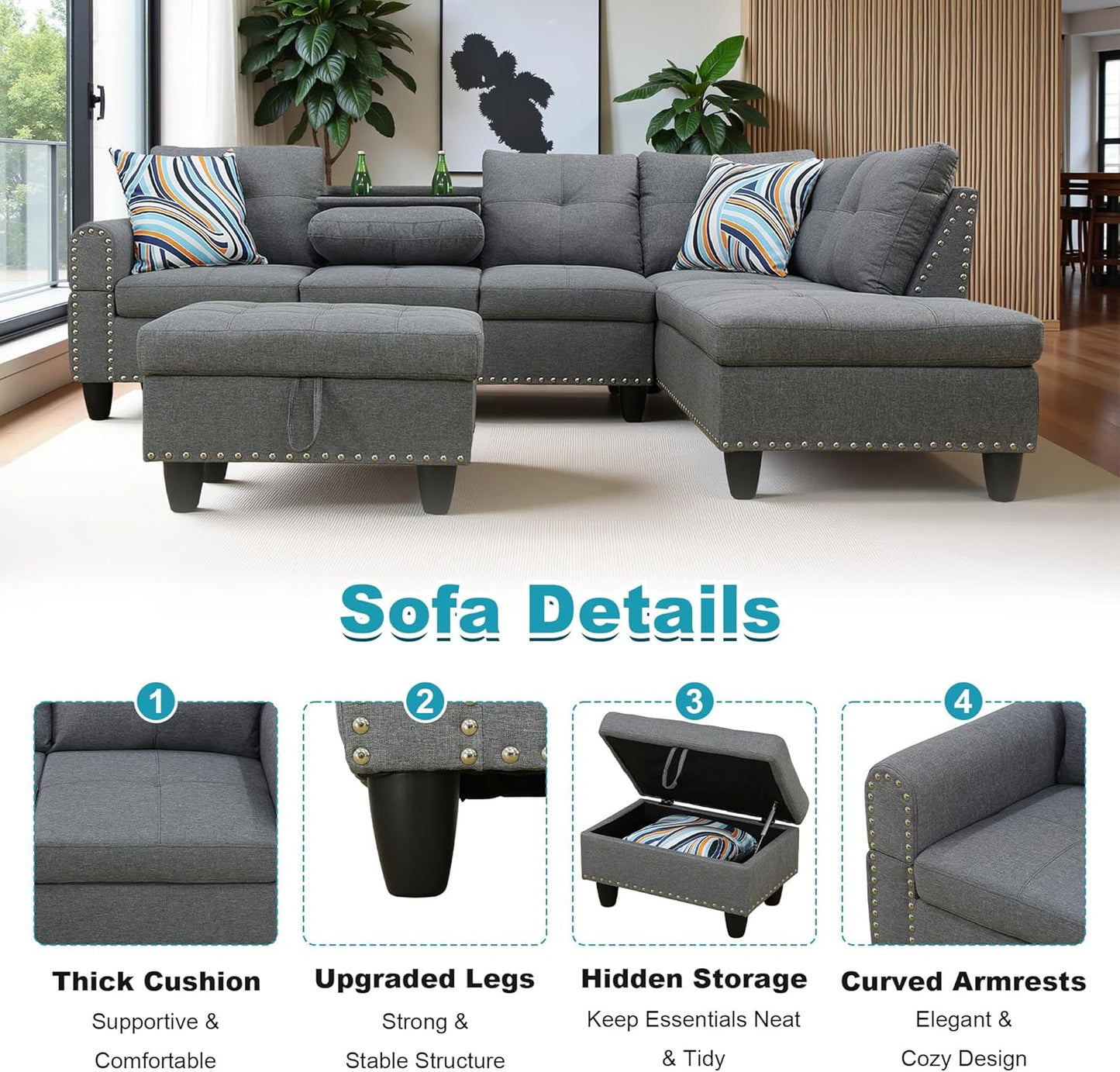 97.5" Oversized Sectional Couch, L Shaped Couch with Storage Ottoman, Modern Modular Sofa with Deep Seat, Sectional Couches for Living Room and Office, Grey (Linen)