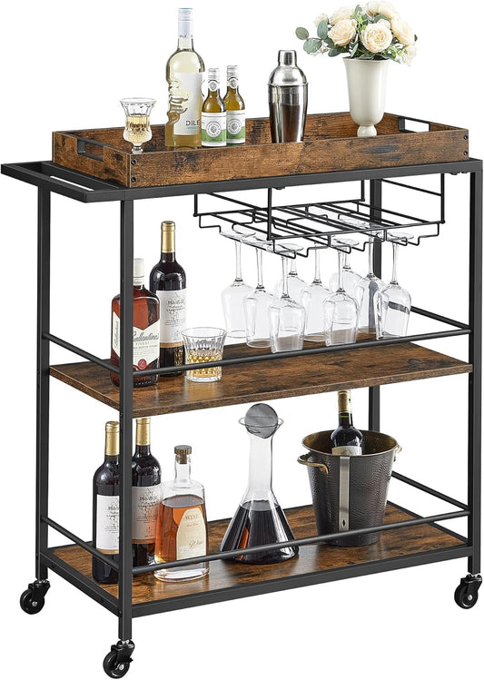 VASAGLE Kitchen Serving Cart with Removable Tray, 3-Tier Kitchen Utility Cart on Wheels with Storage, with Brakes, Leveling Feet, 15.7 x 34.6 x 37.8 Inches, Rustic Brown and Black ULRC093B01