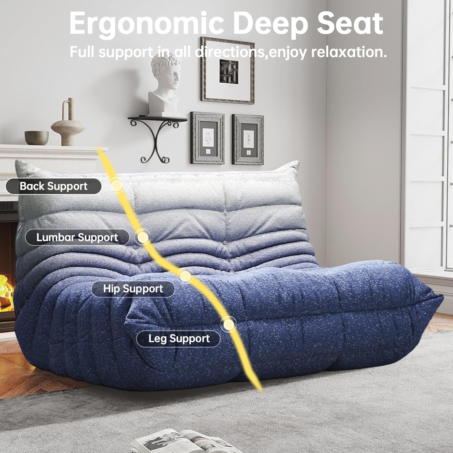 Bean Bag Chairs for Adults, Memory Foam Couch Loveseat Sofa Chair, Soft Teddy Material Cozy Comfy Reading Nook Chairs, Floor Chair for Living Room Bedroom Office(Blue-White)