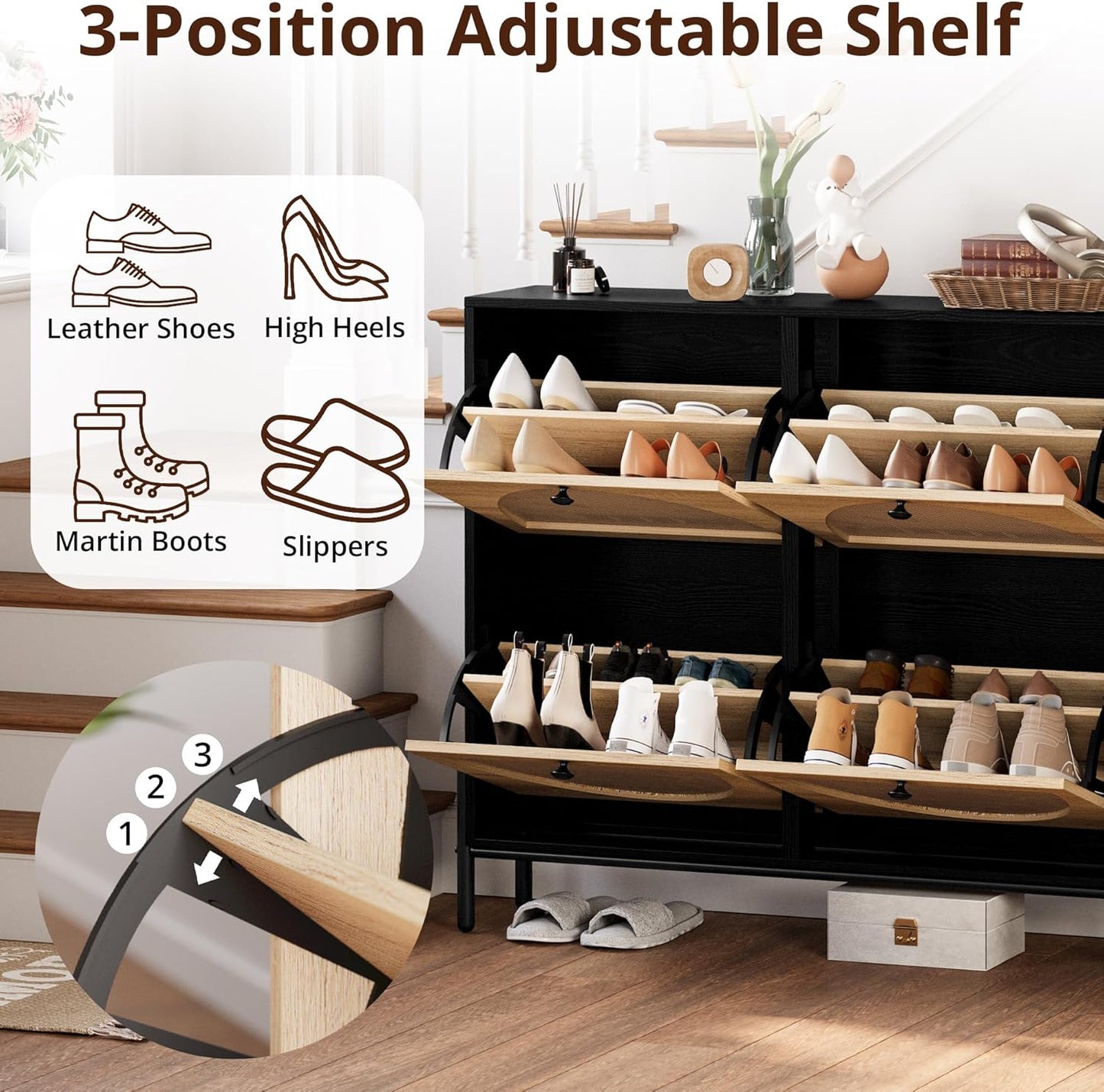 IRONCK Rattan Shoe Cabinet Storage with 4 Flip Drawers, Freestanding Shoe Storage Organizer Cabinet for Entryway, Narrow Shoe Rack Cabinet, Black