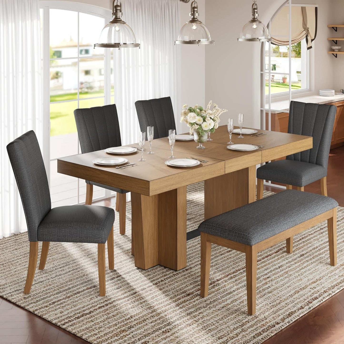 Ball & Cast 6 Piece Farmhouse Dining Table Set with Extendable Table,4 Upholstered Chairs & 1 Bench,Wooden Kitchen Table Set of 6,Backrest Chair with Table & Upholstery-Bench,for Dining Room,Gray