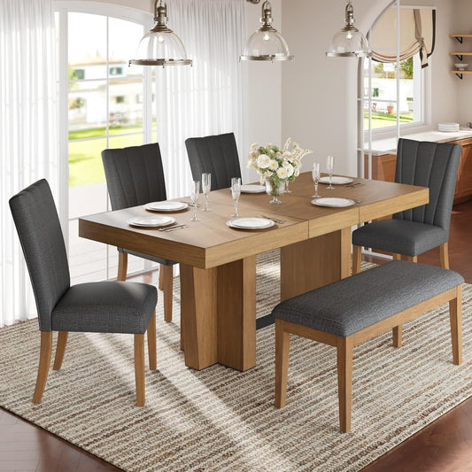 Ball & Cast 6 Piece Farmhouse Dining Table Set with Extendable Table,4 Upholstered Chairs & 1 Bench,Wooden Kitchen Table Set of 6,Backrest Chair with Table & Upholstery-Bench,for Dining Room,Gray