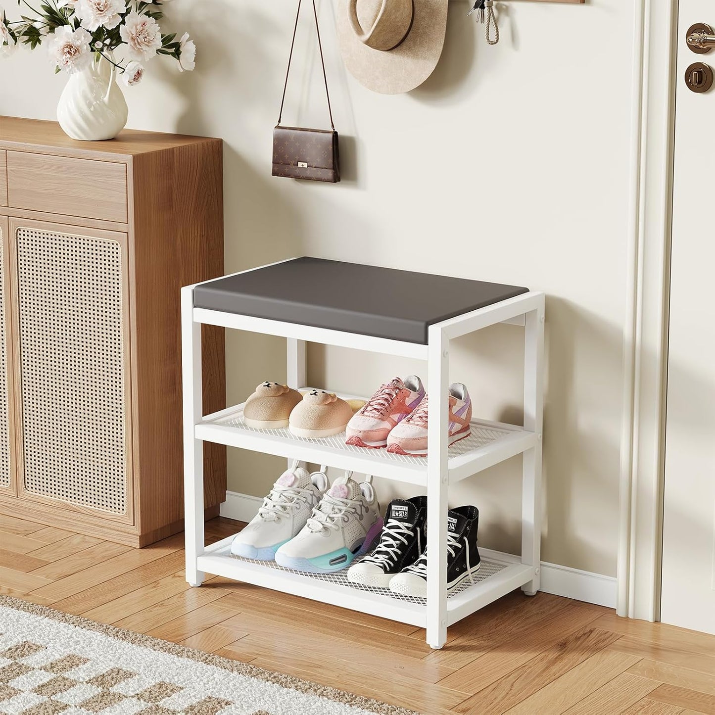 Small Shoe Bench Shoe Rack Storage Bench Entryway Bench Shoe Shelf with Seat Cushion, Stable Shoe Organizer for Entryway, Living Room, Bench Seat Holds Up to 300 lb, (18"L x 12"W x 17"H, White)