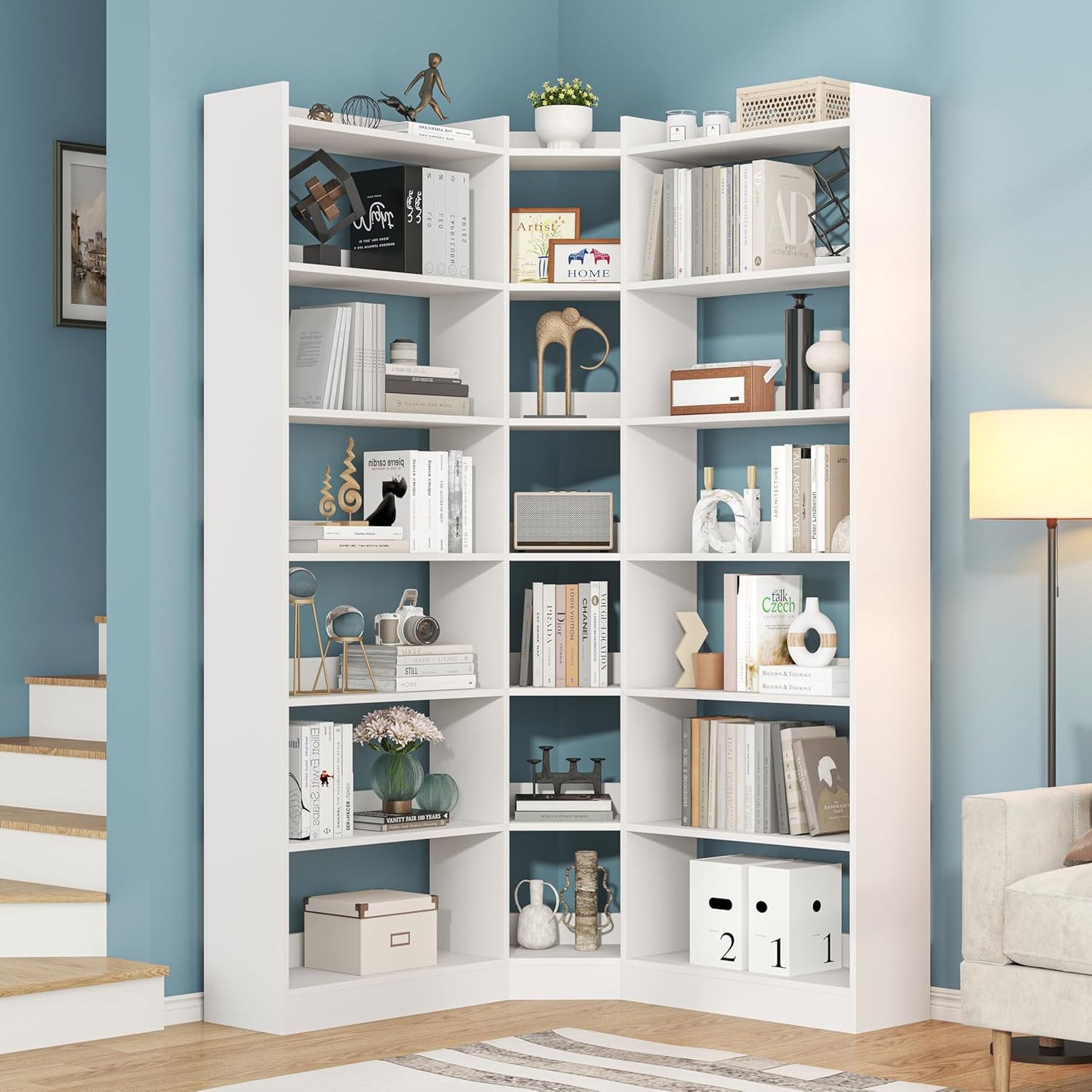 70.8" Tall Corner Bookshelf and Bookcases, 7 Tiers Morden Large Etagere Bookcases Storage Display Rack with Baffle, Industrial L Shaped Bookshelves for Bedroom, Home Office, Living Room, White