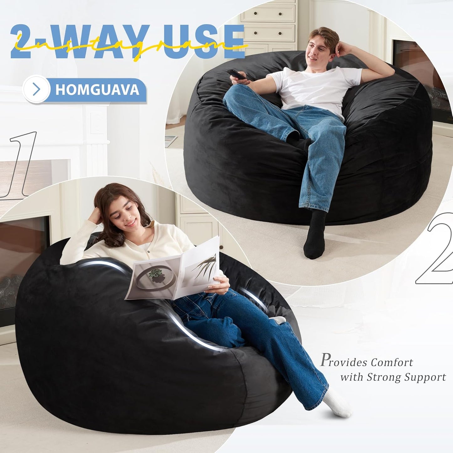 Homguava 4 FT Bean Bag Chair: 4' Bean Bags with Memory Foam Filled, Large Beanbag Chairs Soft Sofa with Dutch Velvet Cover-Black