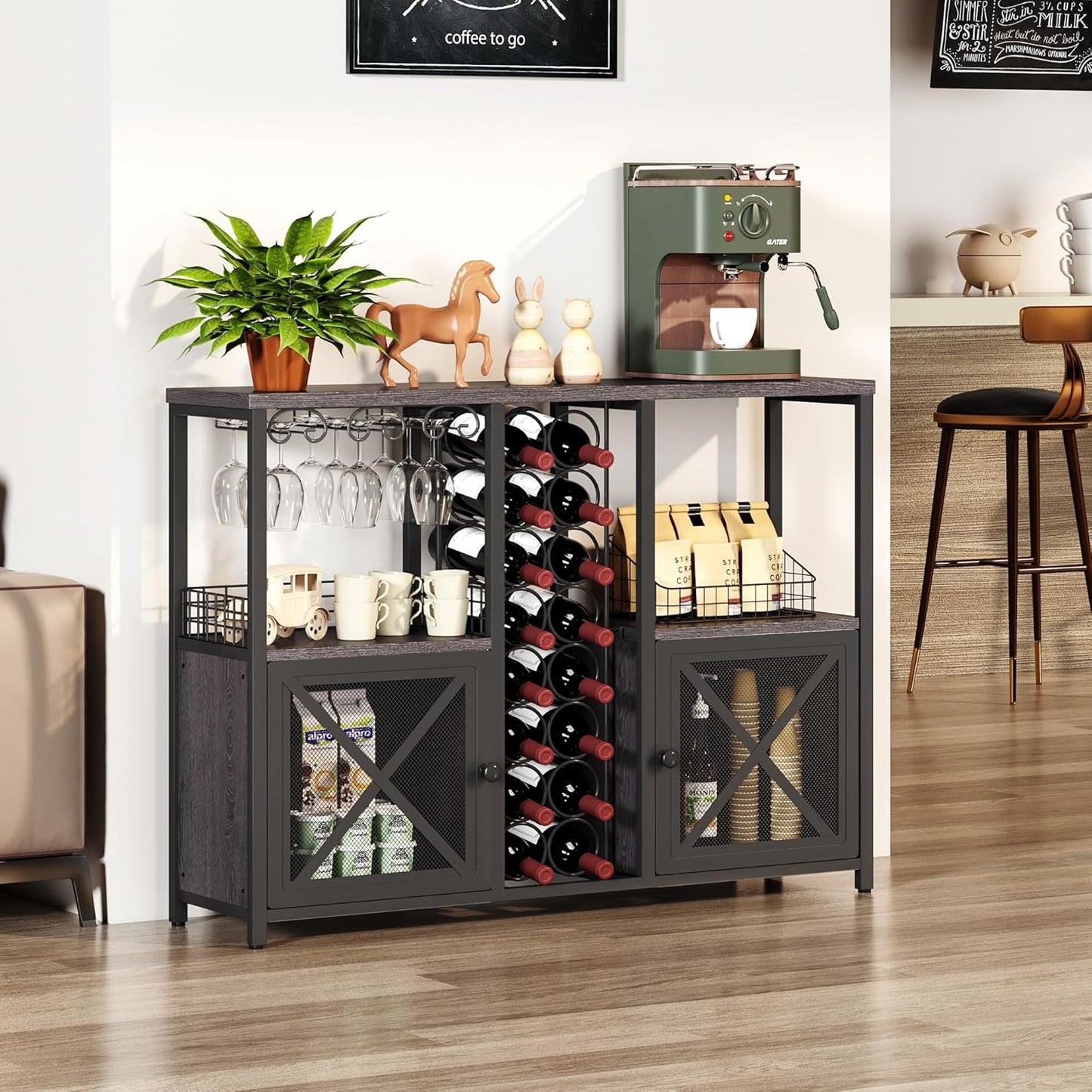 Homeiju Mini Bars for Home, Wooden Coffee Bar Cabinet, Modern Liquor Cabinet for Liquor and Glasses, Farmhouse Buffet Wine Bar Cabinet with Storage Sideboard for Home Kitchen Dining Room (Deep Grey)