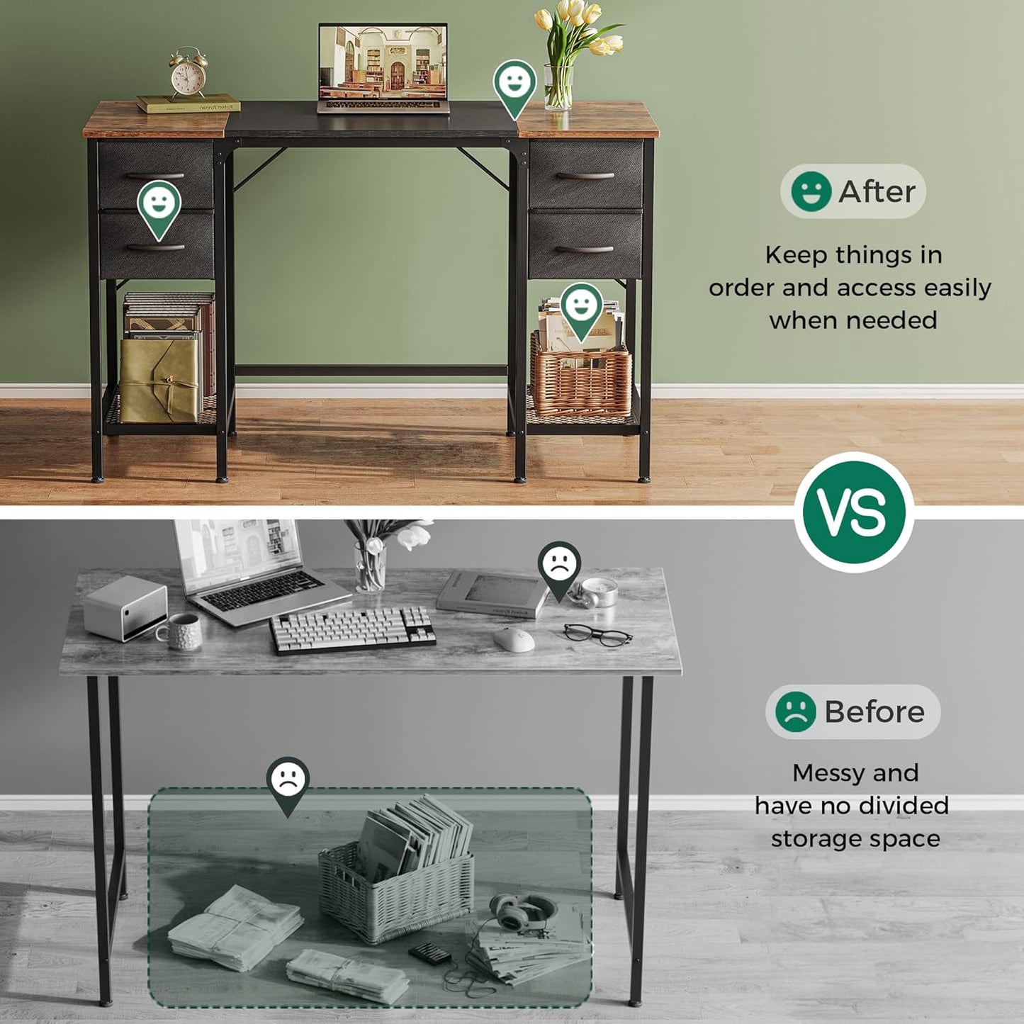 Huuger 47 Inch Computer Desk with 4 Drawers, Office Desk with Mesh Shelf, Gaming Desk, Large Storage, Writing Work Desk for Home Office, Study, Bedroom, Work from Home, Rustic Brown and Black