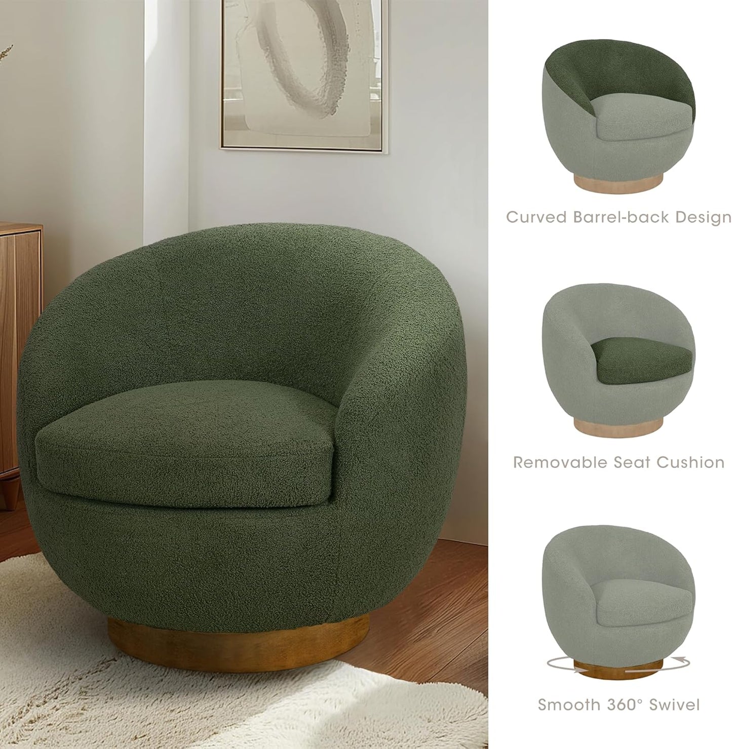 INK+IVY Jessel Swivel Accent Chair – Barrel Back Design, Sherpa Upholstery, 360-Degree Wood Base, Modern Lounge Seating for Living Room or Bedroom, 32" W, Green