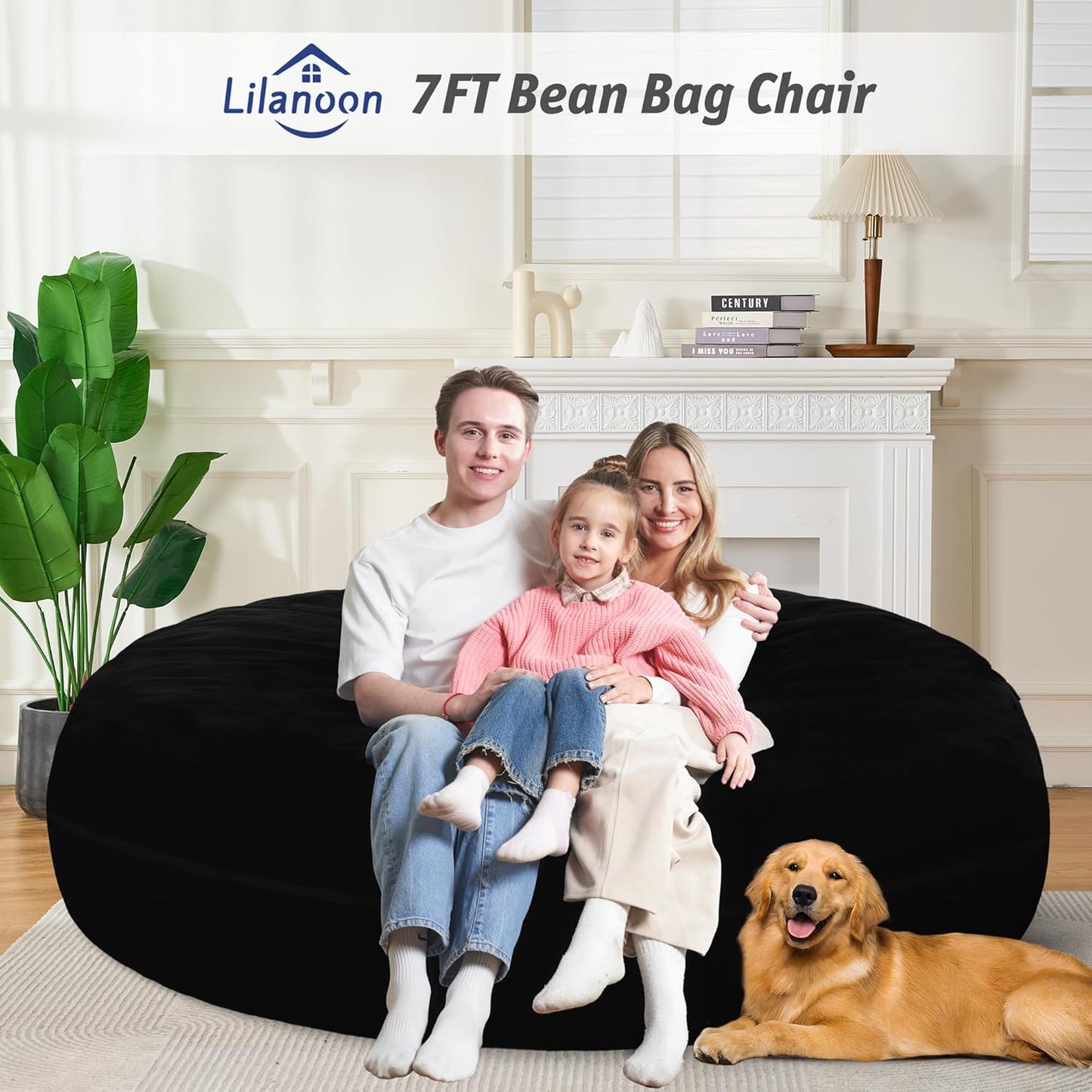 7FT Bean Bag Chair with Ultra Soft Velvet Cover Bean Bag Sofa with Memory Foam Bean Bag Chairs with Large Size Lazy Sofa for Dorm Office Living Room Bedroom Black 7'