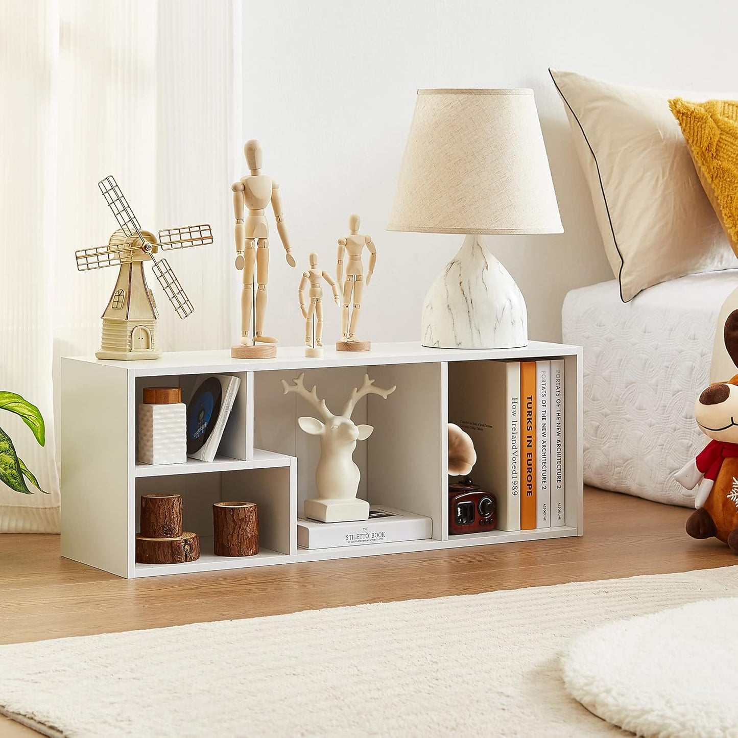 VECELO Small White Bookshelf, 4 Cube Slim Bookcase, Fits Tallest Hardcovers, Horizontal Available, Modern Floor Standing Unit, Each Shelf Hold Up to 66 LBS, Pearl White