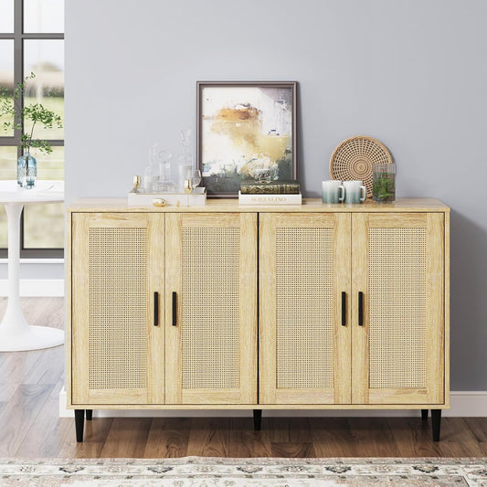Buffet Sideboard,Kitchen Storage Cabinet with 4 Rattan Decorated Doors,Coffee Bar Cabinet with Adjustable Shelves for Living Room,Hallway,Natural