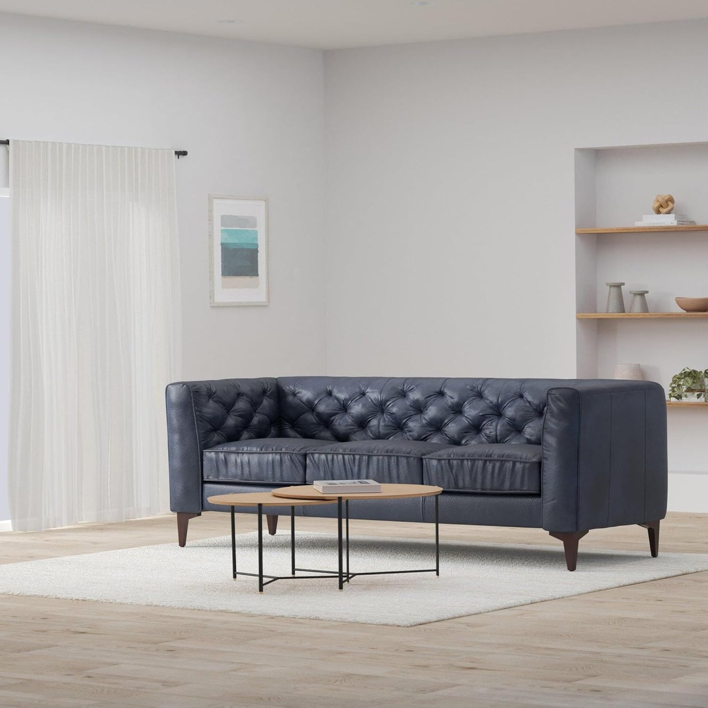 Poly & Bark Essex Leather Couch - 89-Inch Sofa with Tufted Back - Full-Grain Leather Sofa for Living Room with Feather-Down Topper - Living Room Couch - Vintage Italian Leather in Midnight Blue