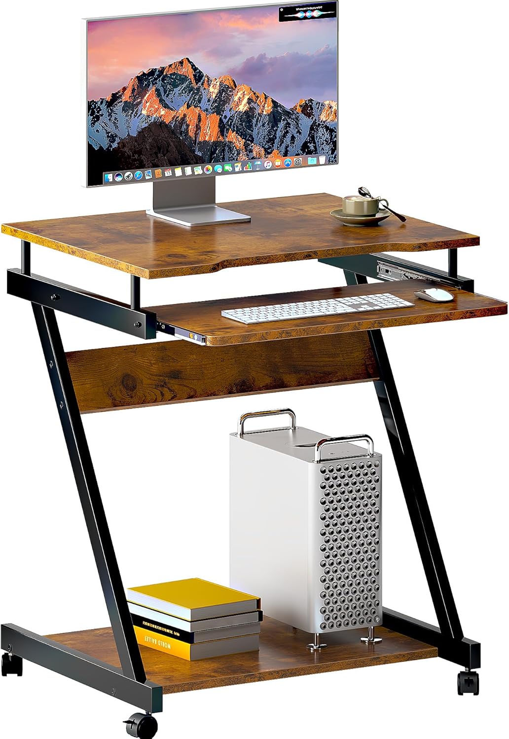 soges Small Rolling Computer Desk, Z Shape Laptop Desk Cart on Wheels, Mobile Computer Workstation for Home and Office with Keyboard Tray, Rustic Brown