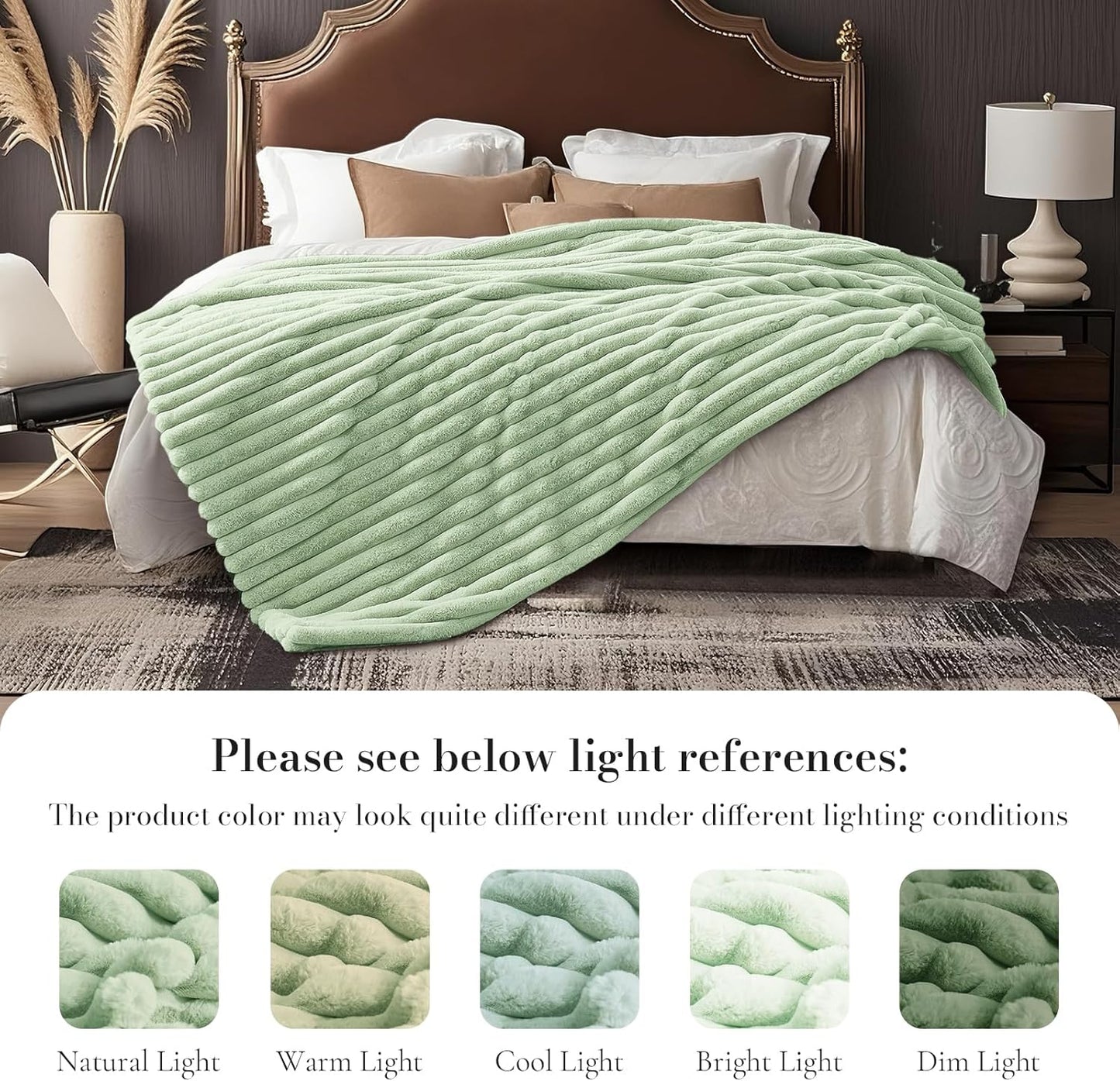 Amélie Home Faux Fur Throw Blanket for Couch, Cozy Fuzzy Fluffy Fur Luxurious Soft Striped Plush Gift Blankets for Family Sofa Chair Bed Living Room Bedroom, 55"x70", Sage Green