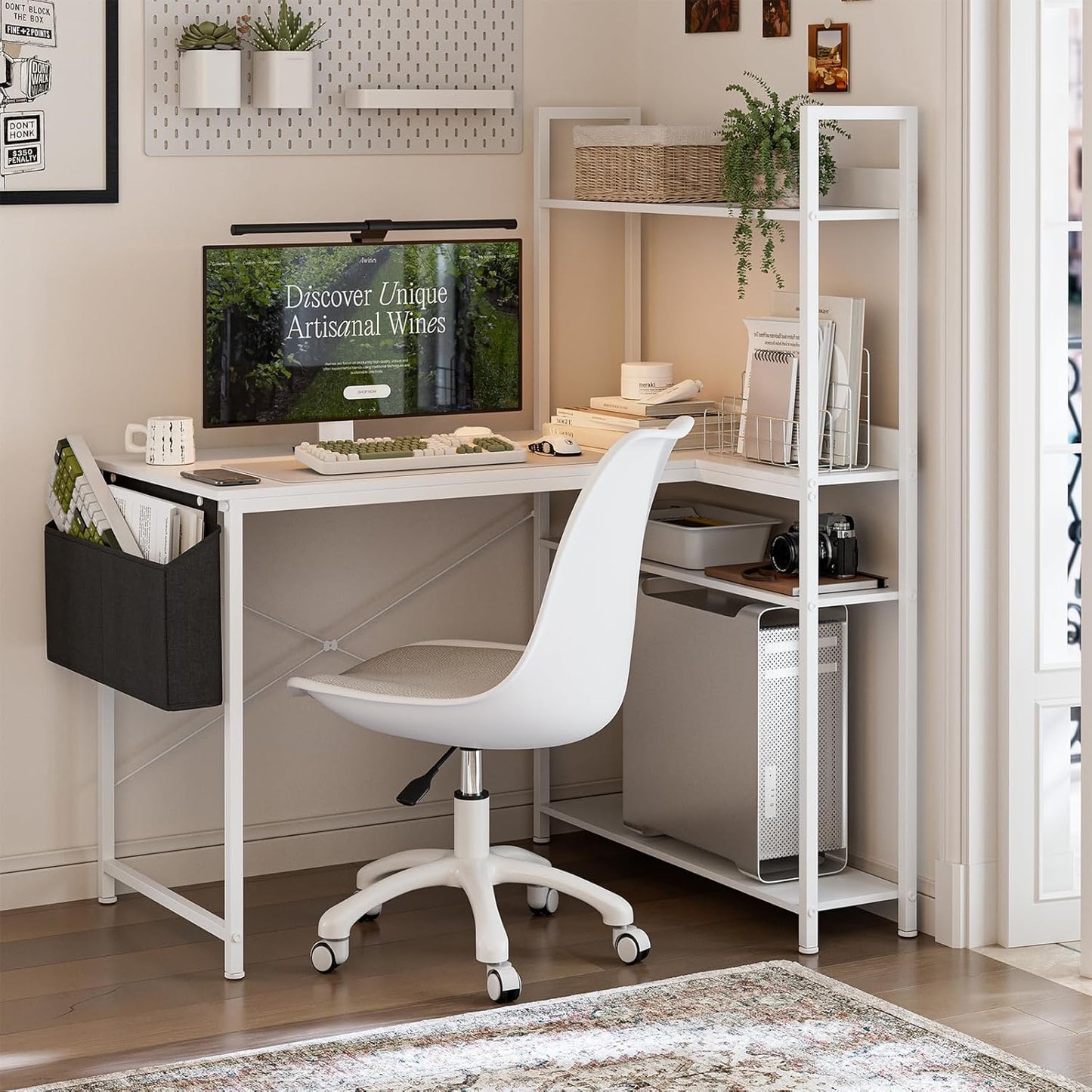 40 Inch L Shaped Computer Desk with Reversible Storage Shelves, Home Office Corner Desk Study Writing Table with Hutch, Study, White