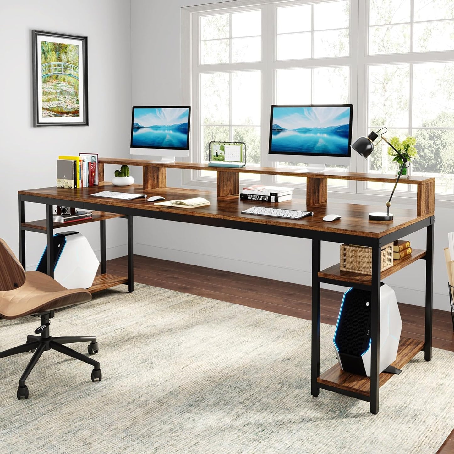 Tribesigns Two Person Desk with Monitor Stand, 78.74" Long Double Computer Office Desk with Storage Shelves, Large Gaming Study Writing Table Workstation for Home Office (Rustic Brown)