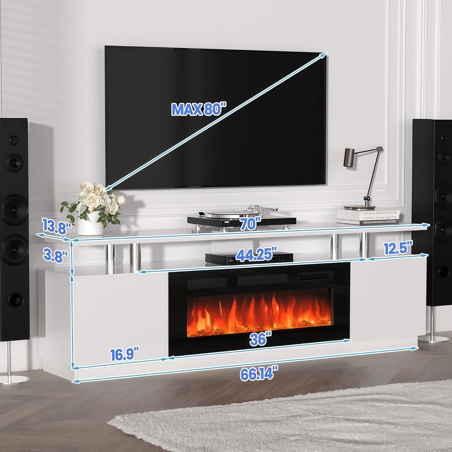 70" Fireplace TV Stand for TVs Up to 80", Entertainment Center with 36inch Fireplace, 12 Flame & LED Colors, 2-Tier TV Console & Storage Cabinet
