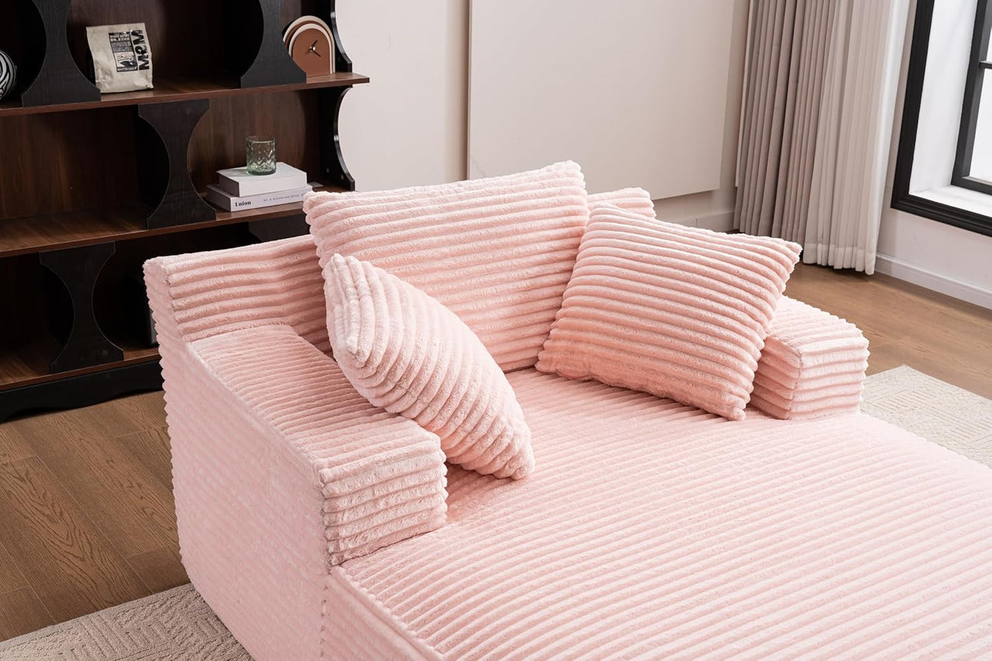 Oversized Chaise Daybed Lounge Sleeper Chair Sofa Bed Indoor, Fluffy Corduroy Upholstered Sleeper Recliner Sofabed Extra Wide Full Foam Cloud Sofabed W/3 Pillows for Home/Apartment Living Room Bedroom