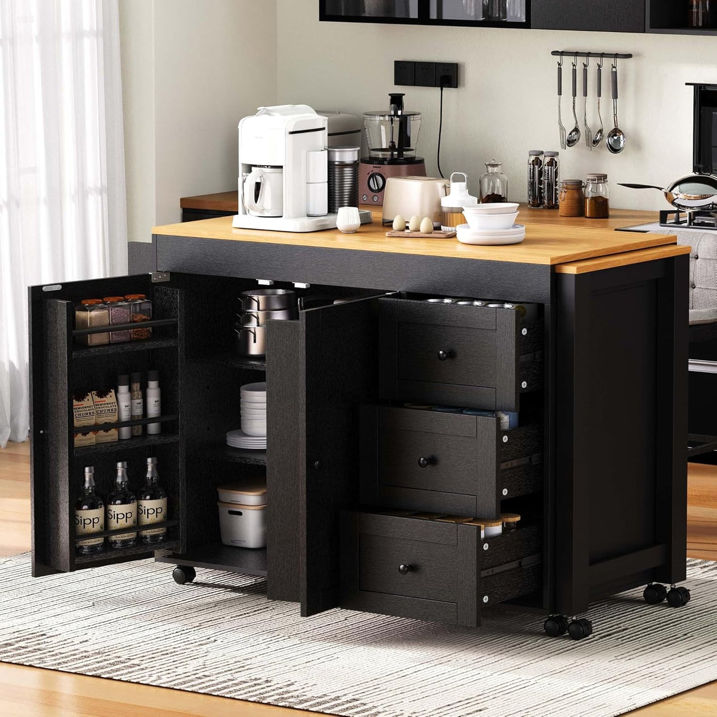 Ball & Cast 74.8" Kitchen Island with Extendable Dining Table,Kitchen Storage Cart W/Power Outlet and 3 Drawers,Rolling Kitchen Island on Wheels W/Spice Rack & 2 Door Cabinet,for Kitchen,Black