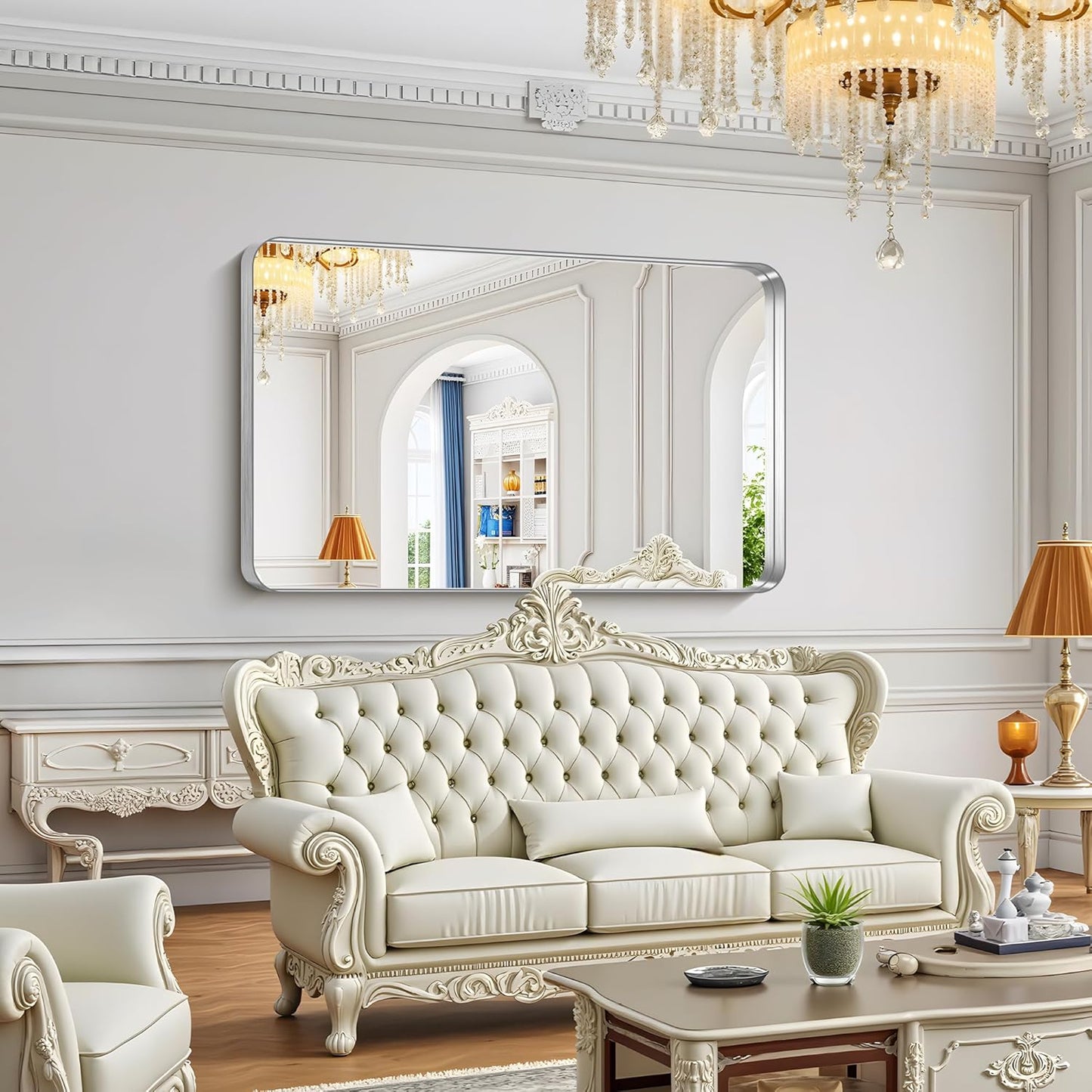 FORBATH 60x36 Inch Large Bathroom Mirror for Double Sinks, Brushed Silver Deep Frame Wall Mirror with Rounded Corners, Anti-Rust Tempered Glass for Modern Farmhouse Vanity (Horizontal/Vertical)