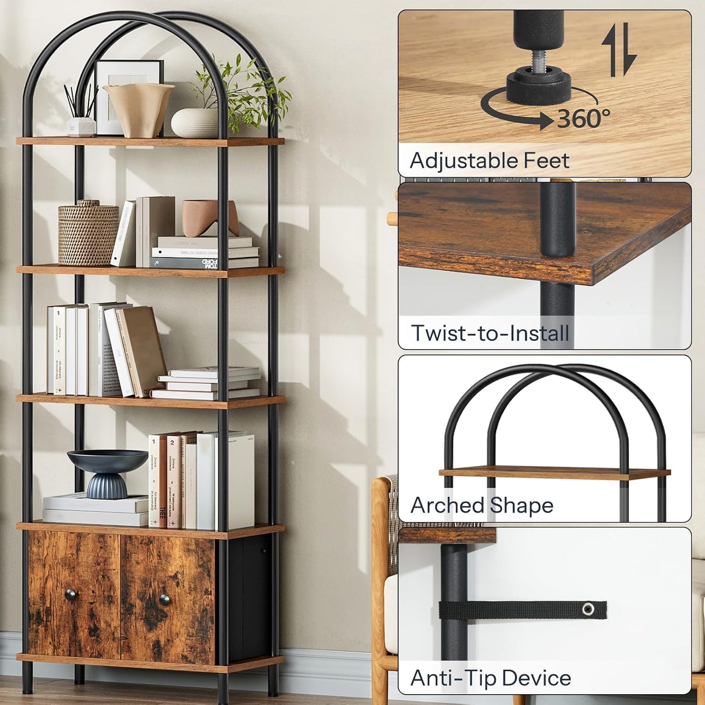 HOOBRO 5-Tier Bookshelf, Arched Bookcase with 2 Drawers, Tall Industrial Style Display Rack, Modern Standing Bookcase with Metal Frame for Office, Bedroom, Kitchen, Rustic Brown and Black BF175SJ01