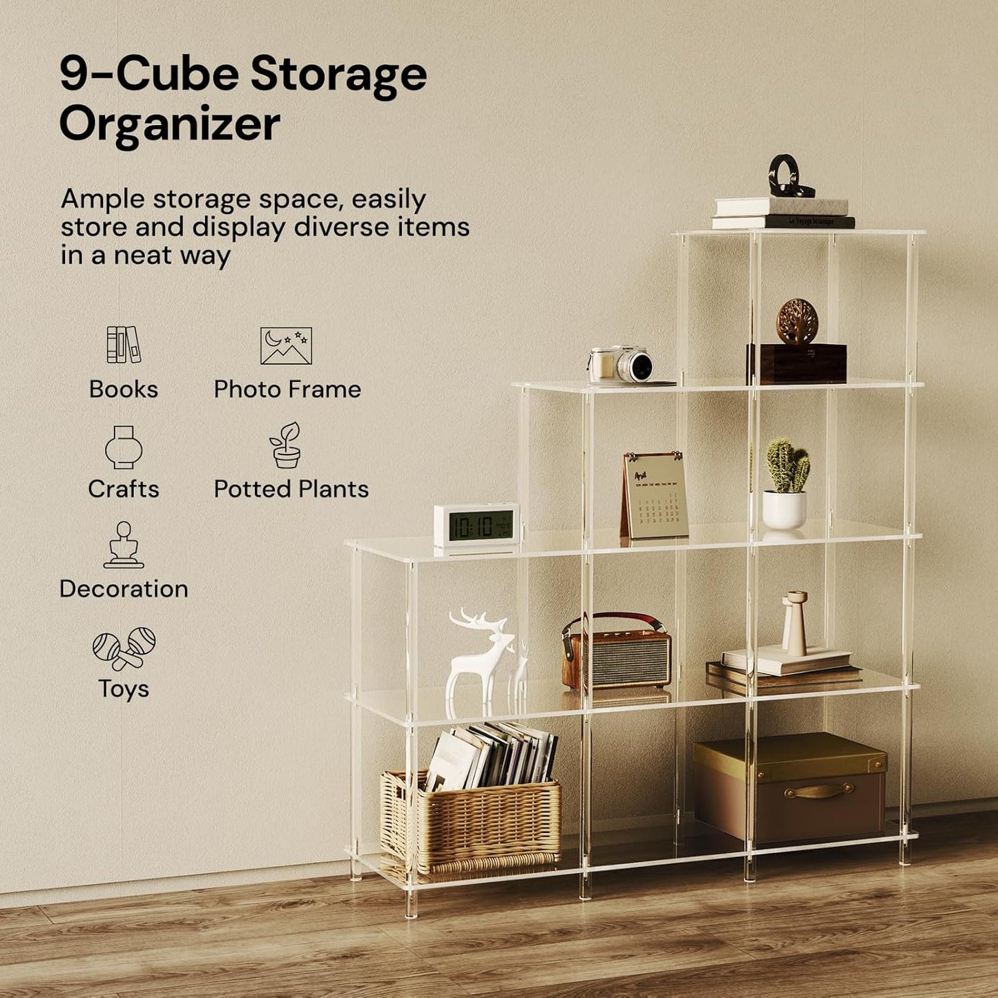 5-Tier Acrylic Bookshelf, 9 Cube Bookcase, Clear Open Stepped Book Shelf for Home Office, Living Room, Bedroom, Easy Assembly, 11.8" D x 40.6" W x 46.1" H