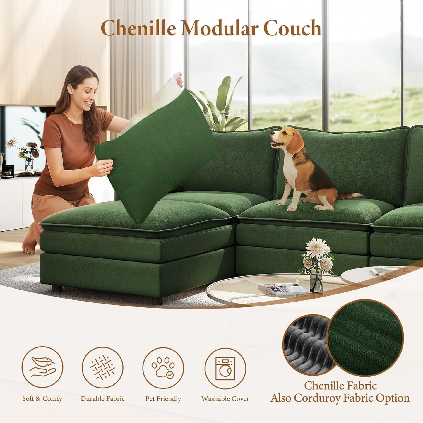 Vesgantti 108" U Shaped Sectional Couch, Comfy Cloud Modular Sectional Sofa with 2 Ottoman Deep Seat Chenille Modern Cloud Sofa, Modular Sofas for Living Room, Bedroom and Apartment, Green