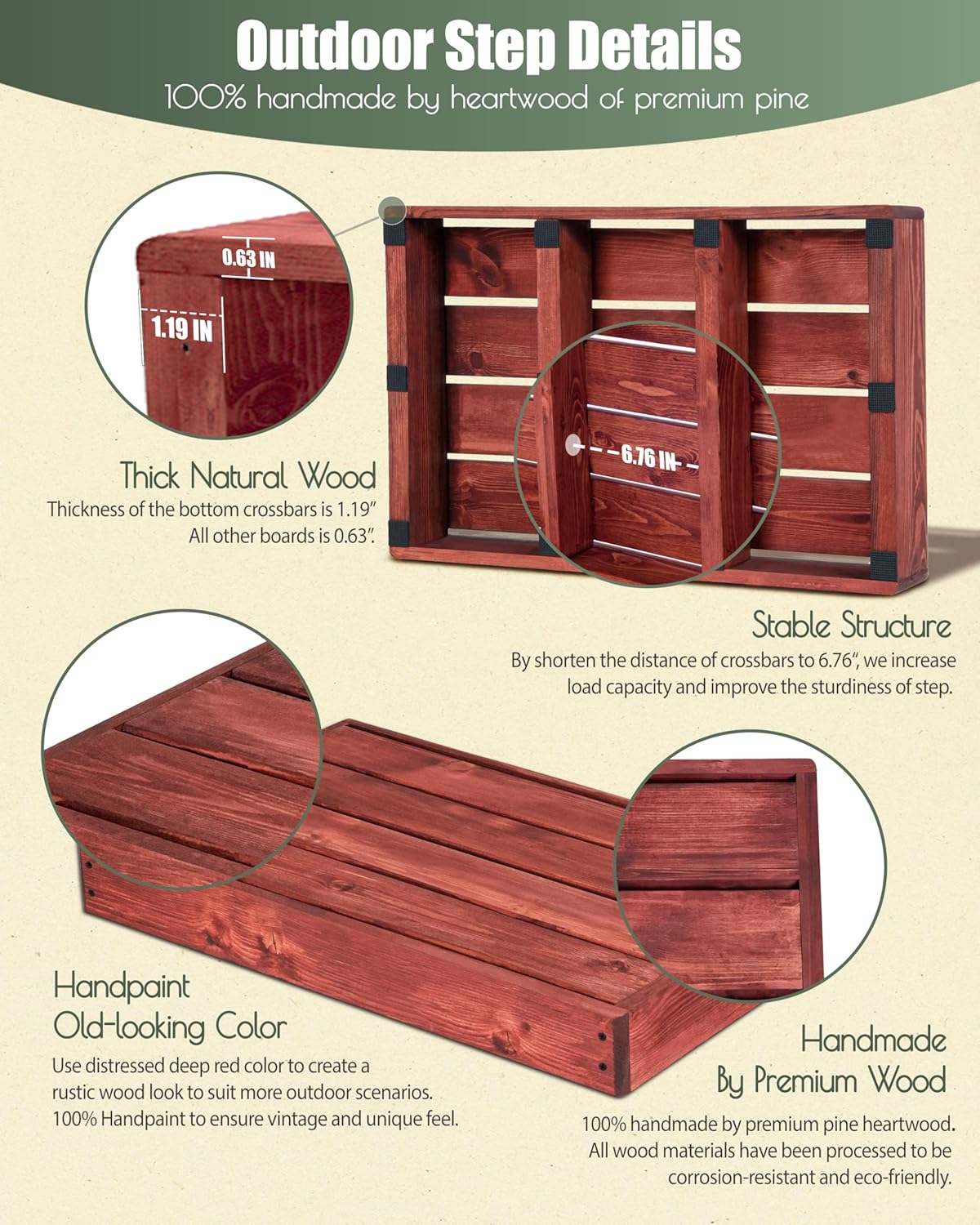 3.4"/5.9" Heightable Wooden Outdoor Step, 100% Handmade Step Stools for Adults with 4 Additional Legs & Anti-Slip Traction Tape, One Step Stool for Elderly, Adults, Kids (25" L x 16" W)