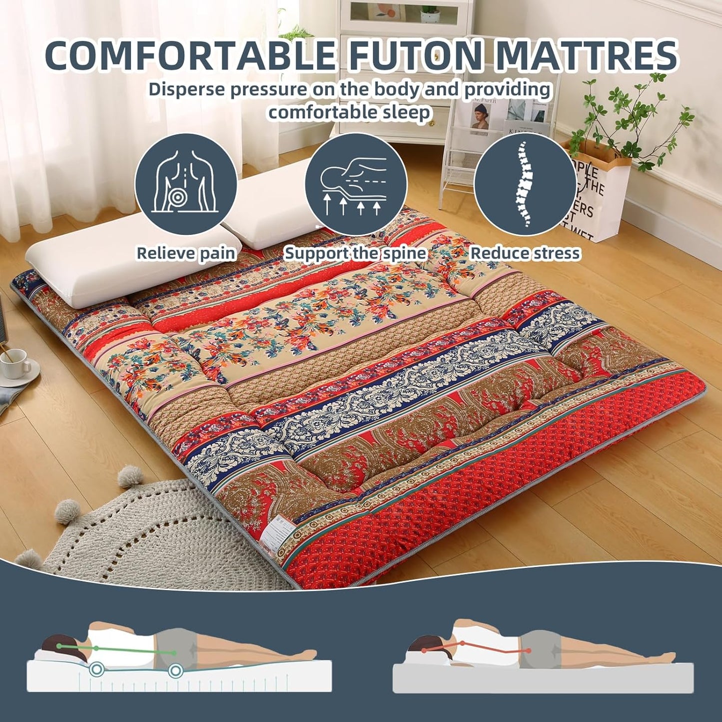 Bohemian Retro Japanese Floor Mattress, Vintage Floral Tatami Floor Mat, Portable Roll up Futon Mattress for Guest,Tavel (A,Full 80" X 47")