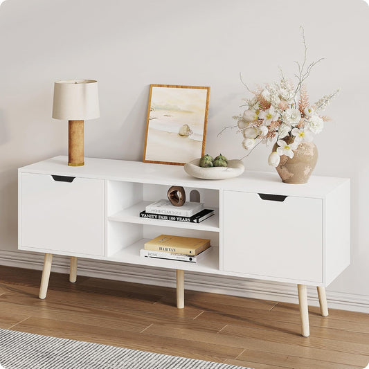 ALINE FURNITURE White TV Stand with Storage - Media Console Cabinet for 50 55 60 Inch TVs - Entertainment Center - Wood TV Stands for Living Room